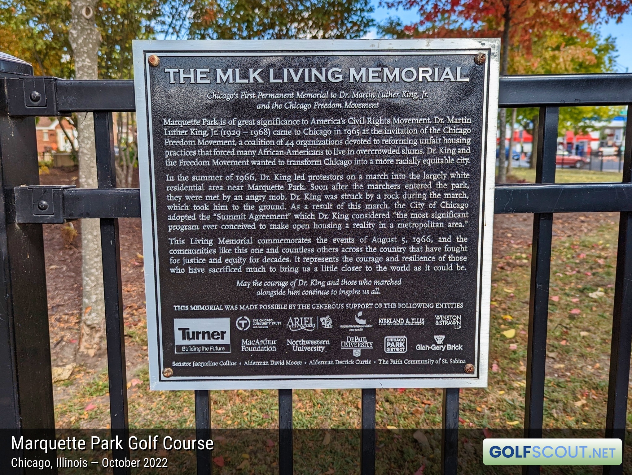 Miscellaneous photo of Marquette Park Golf Course in Chicago, Illinois. A sign at the MLK Living Memorial, which is across the street from Marquette Park Golf Course. It states "Chicago's First Permanent Memorial to Dr. Martin Luther King Jr and the Chicago Freedom Movement." It was installed in 2016, 50 years after he marched here.