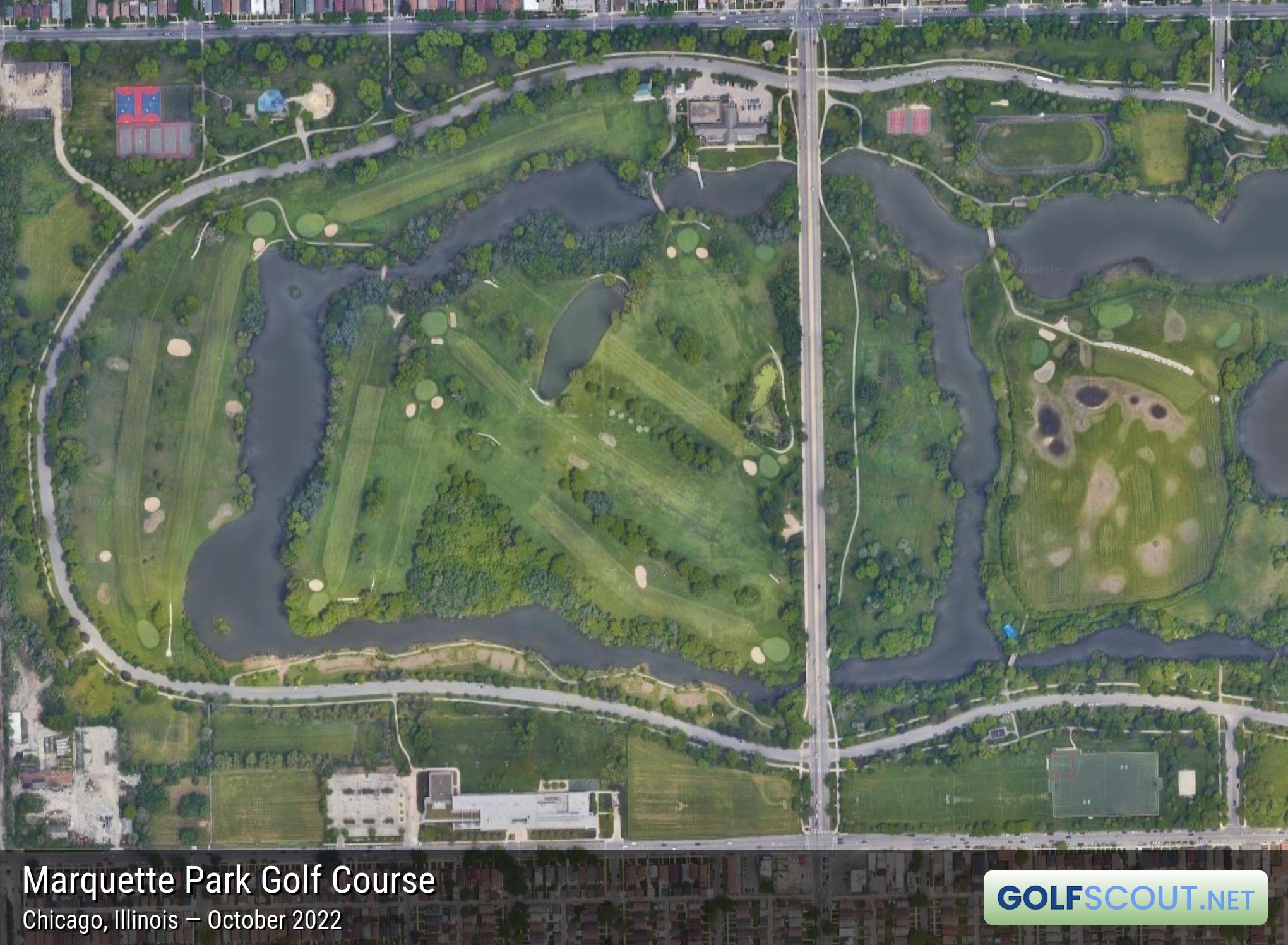 Aerial satellite imagery of Marquette Park Golf Course in Chicago, Illinois. 