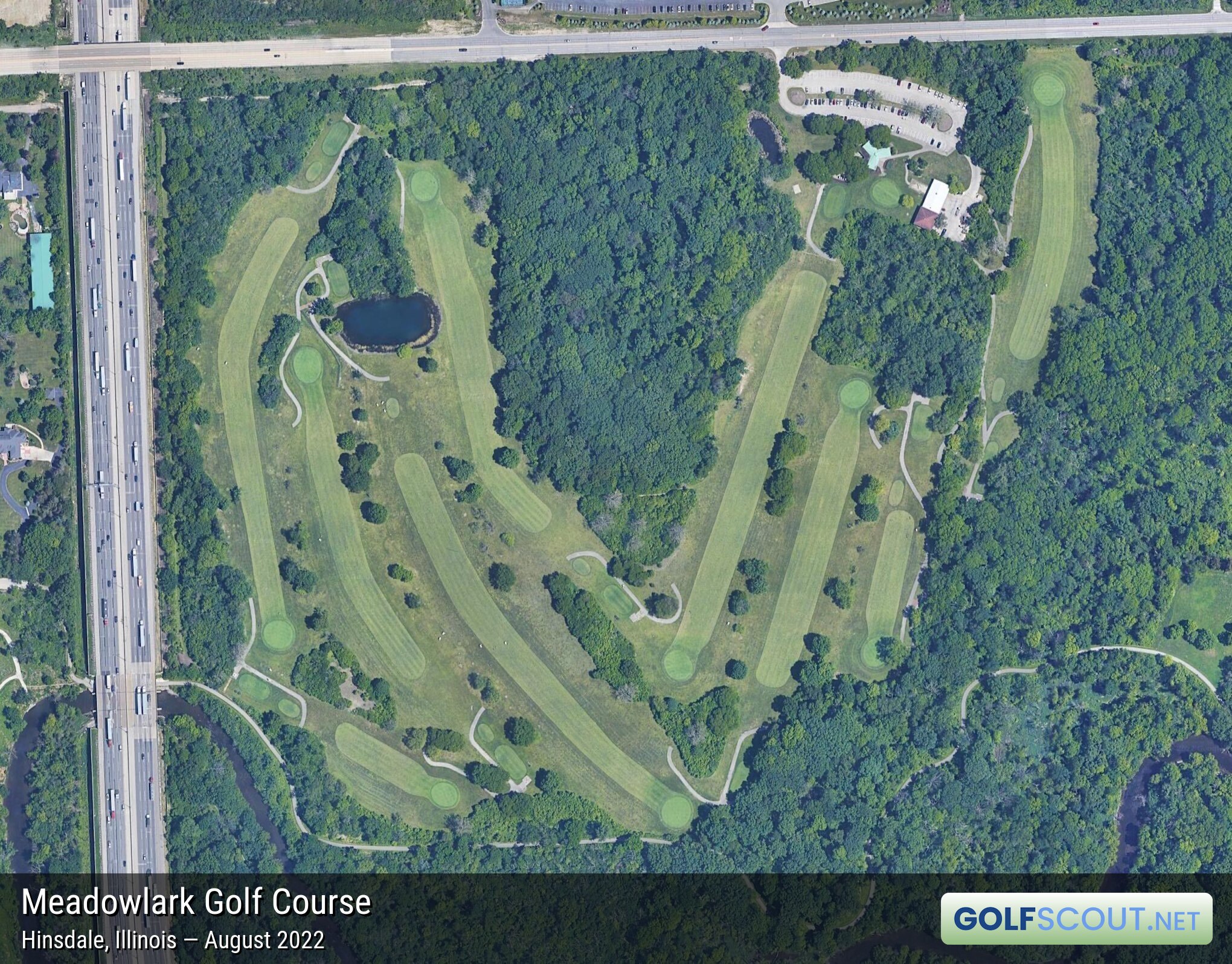 Aerial satellite imagery of Meadowlark Golf Course in Hinsdale, Illinois. 