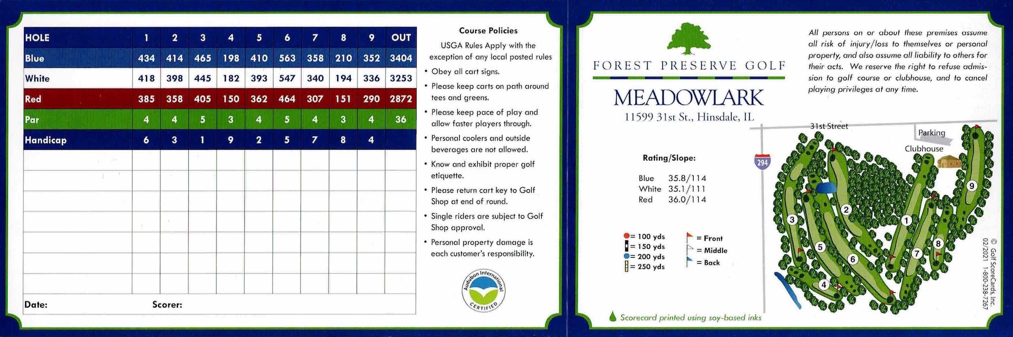 Scan of the scorecard from Meadowlark Golf Course in Hinsdale, Illinois. The back of the normal golf scorecard at Meadowlark.