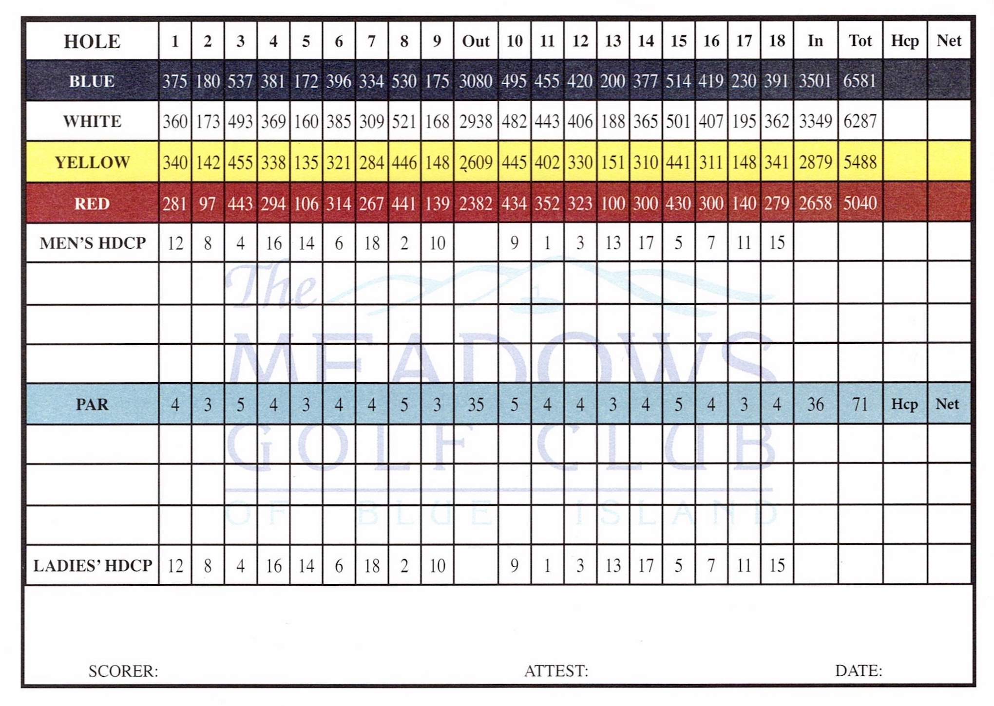 Scan of the scorecard from Meadows Golf Club of Blue Island in Blue Island, Illinois. 
