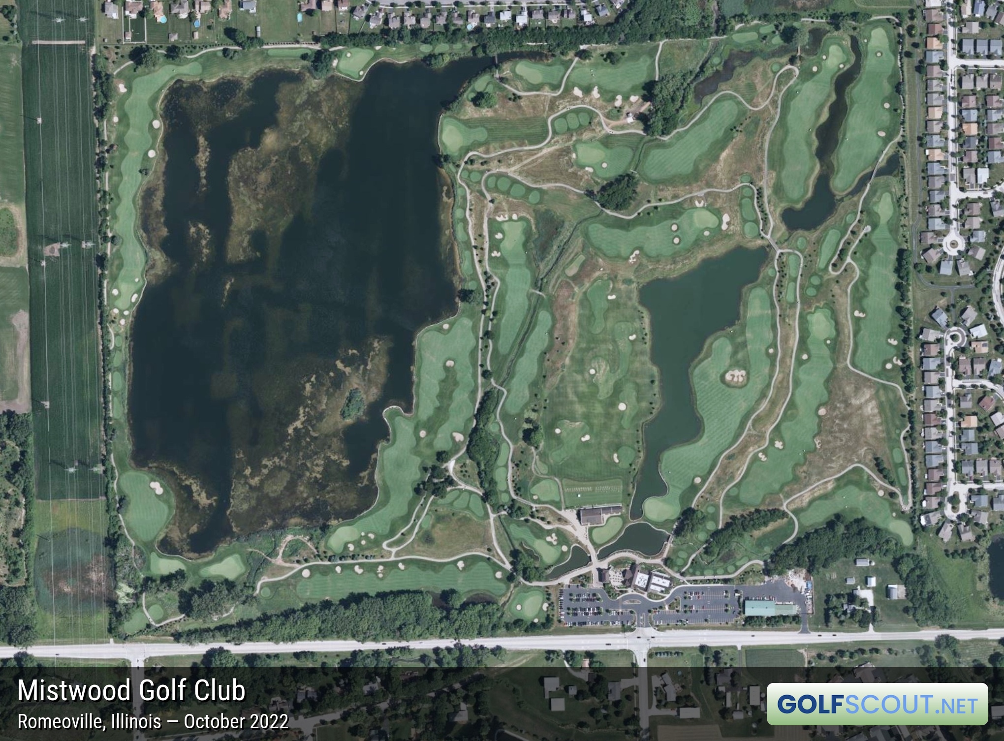 Aerial satellite imagery of Mistwood Golf Club in Romeoville, Illinois. The large body of water here is the 65-acre pond known as Loch St. James.