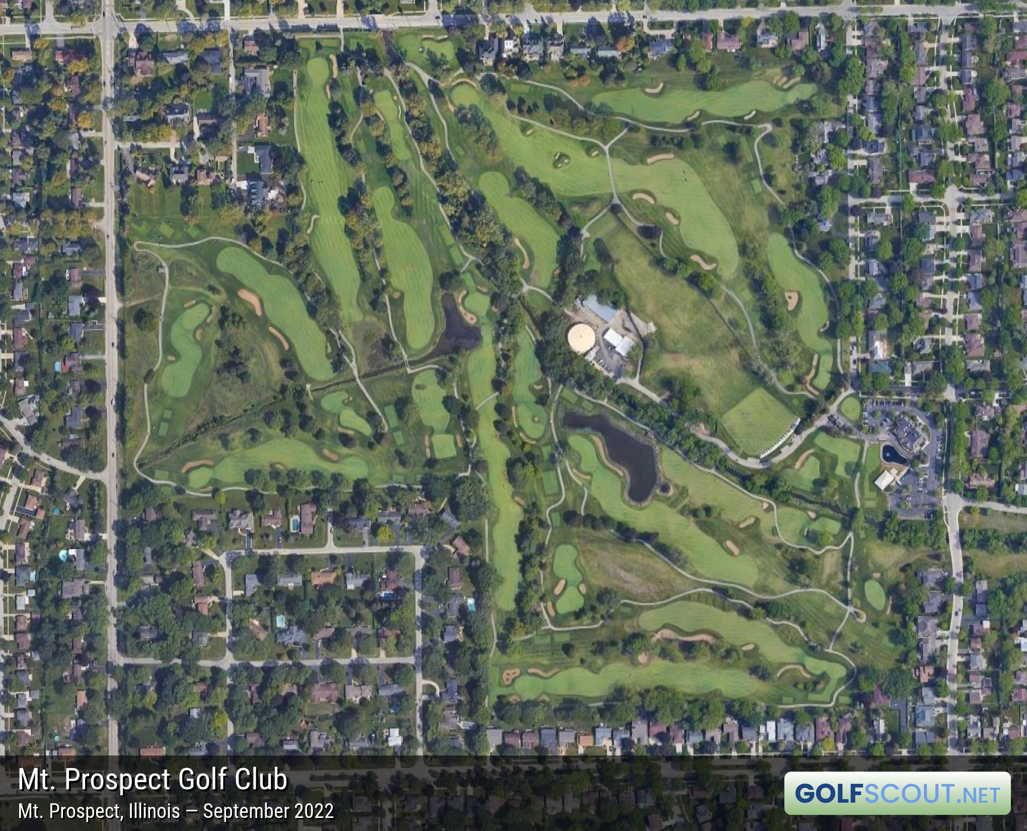 Aerial satellite imagery of Mt. Prospect Golf Club in Mt. Prospect, Illinois. 