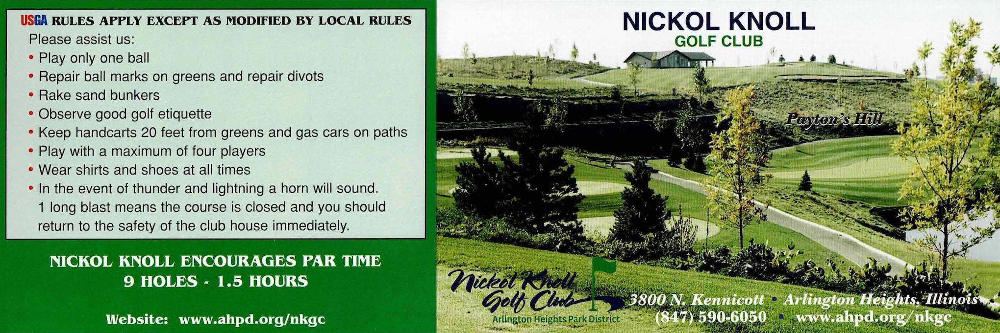 Scan of the scorecard from Nickol Knoll Golf Club in Arlington Heights, Illinois. 