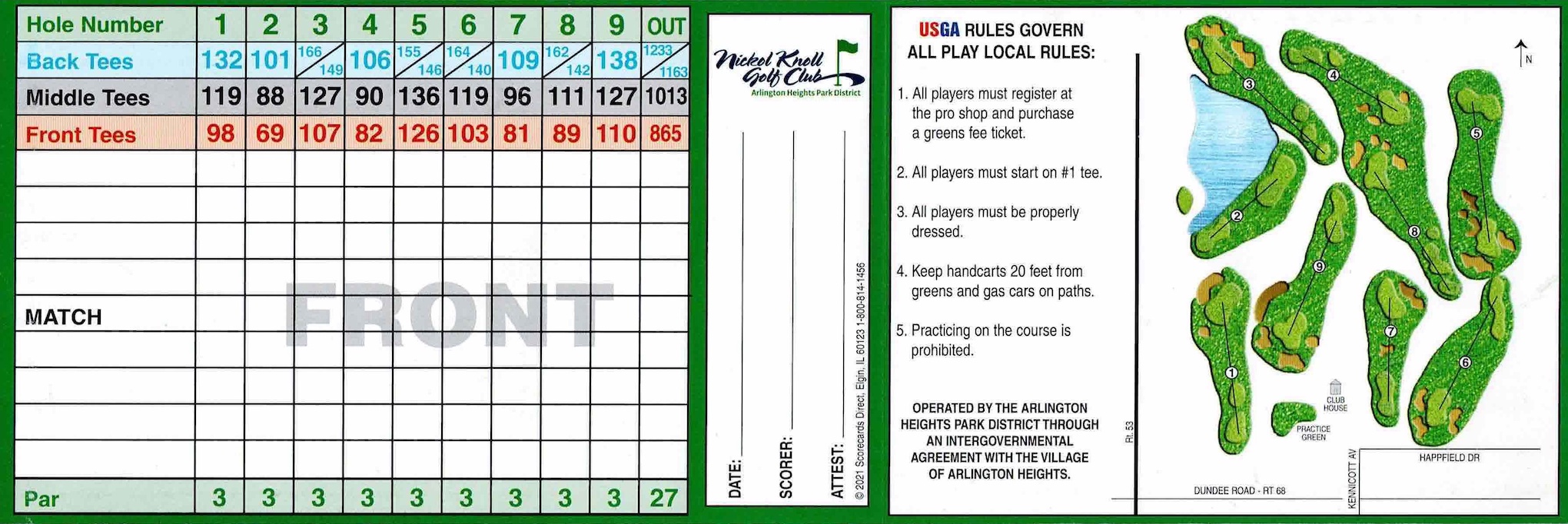 Scan of the scorecard from Nickol Knoll Golf Club in Arlington Heights, Illinois. 