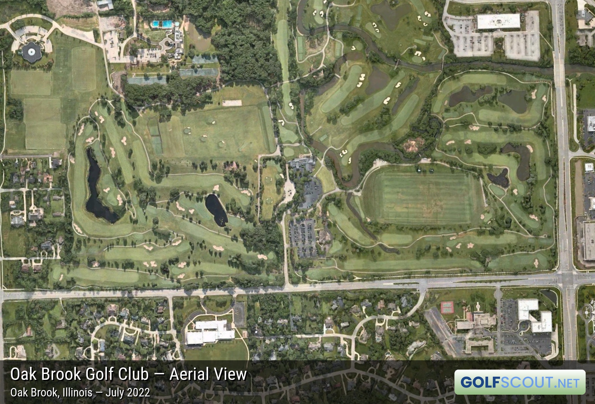 Aerial satellite imagery of Oak Brook Golf Club in Oak Brook, Illinois. 