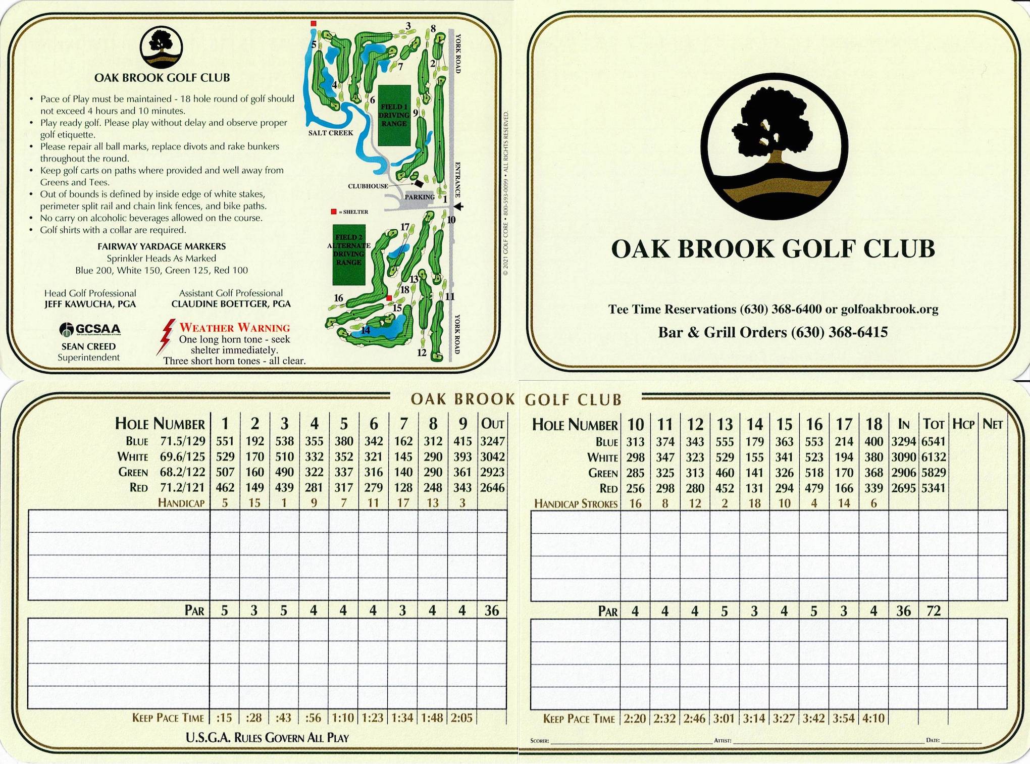 Scan of the scorecard from Oak Brook Golf Club in Oak Brook, Illinois. 
