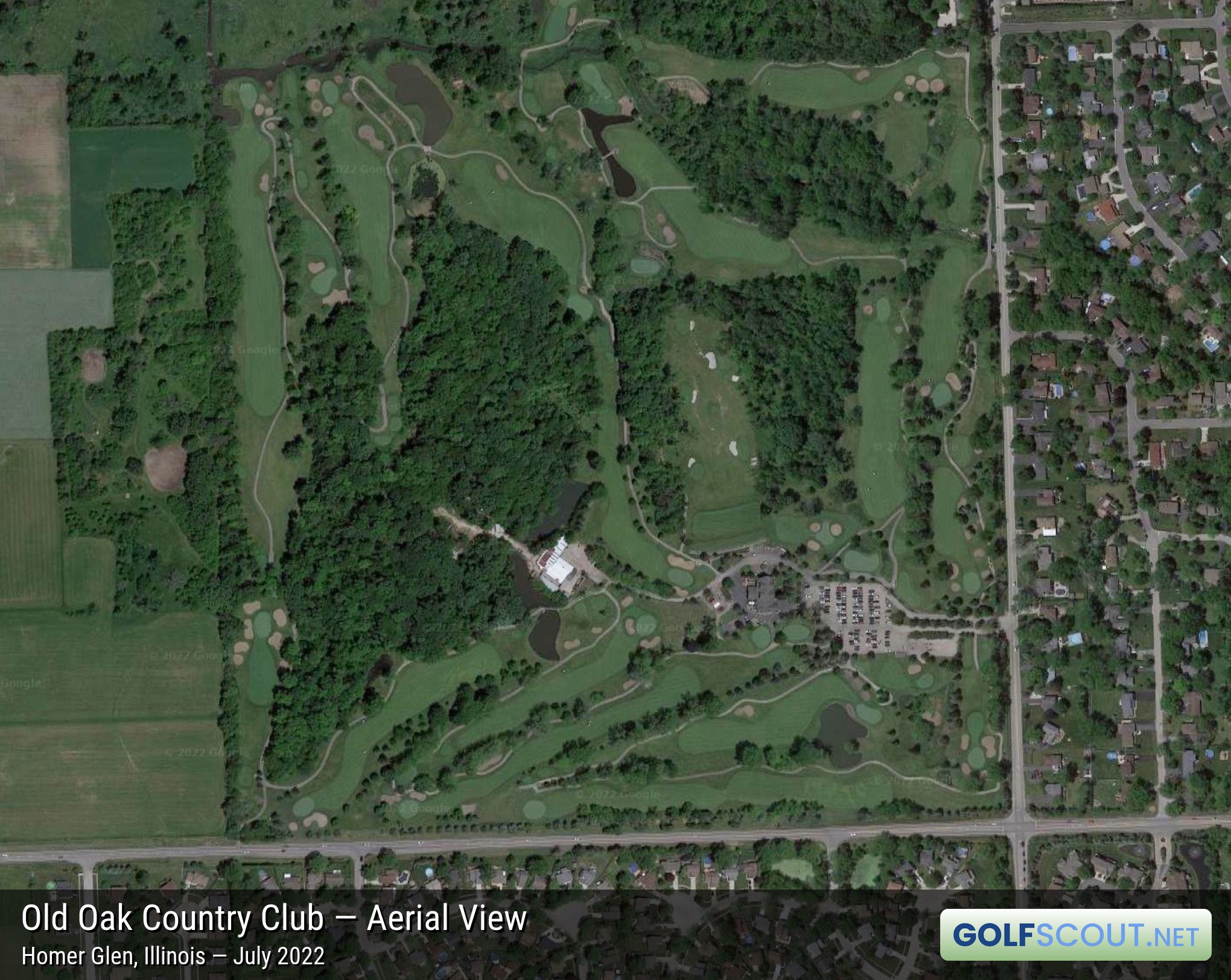 Aerial satellite imagery of Old Oak Country Club in Homer Glen, Illinois. 