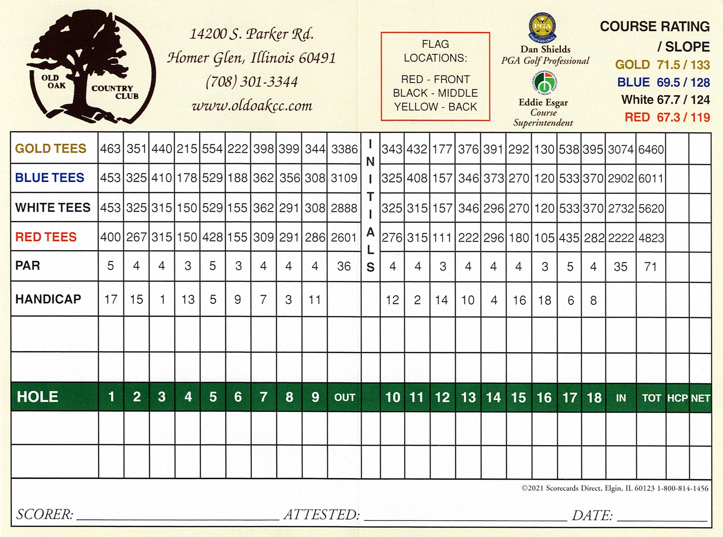 Scan of the scorecard from Old Oak Country Club in Homer Glen, Illinois. 