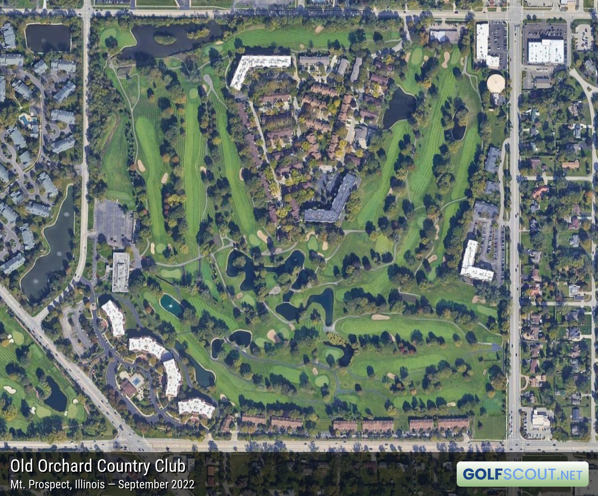 Aerial satellite imagery of Old Orchard Country Club in Mt. Prospect, Illinois. 