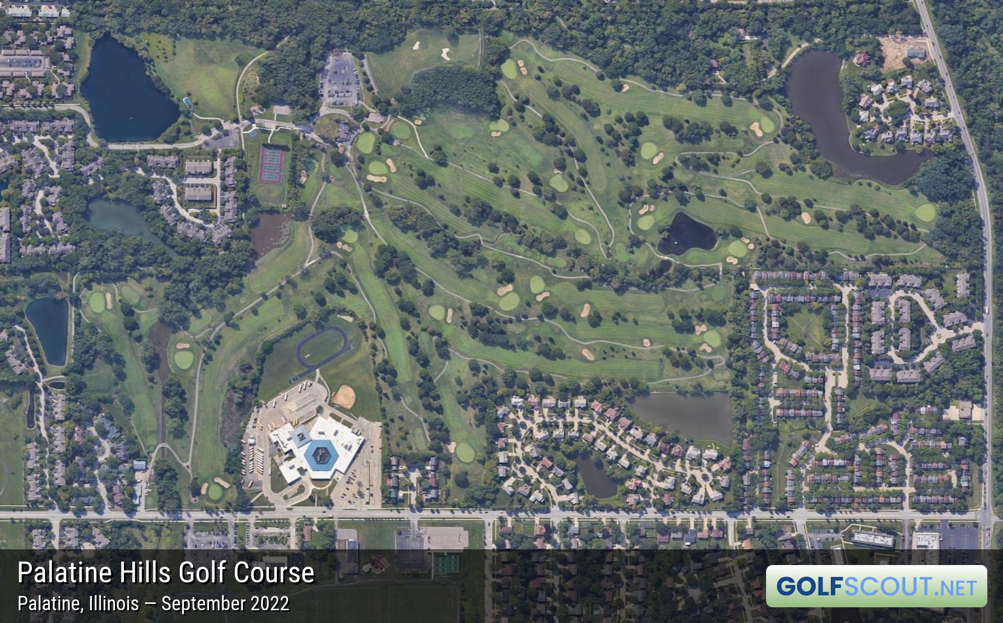 Aerial satellite imagery of Palatine Hills Golf Course in Palatine, Illinois. 