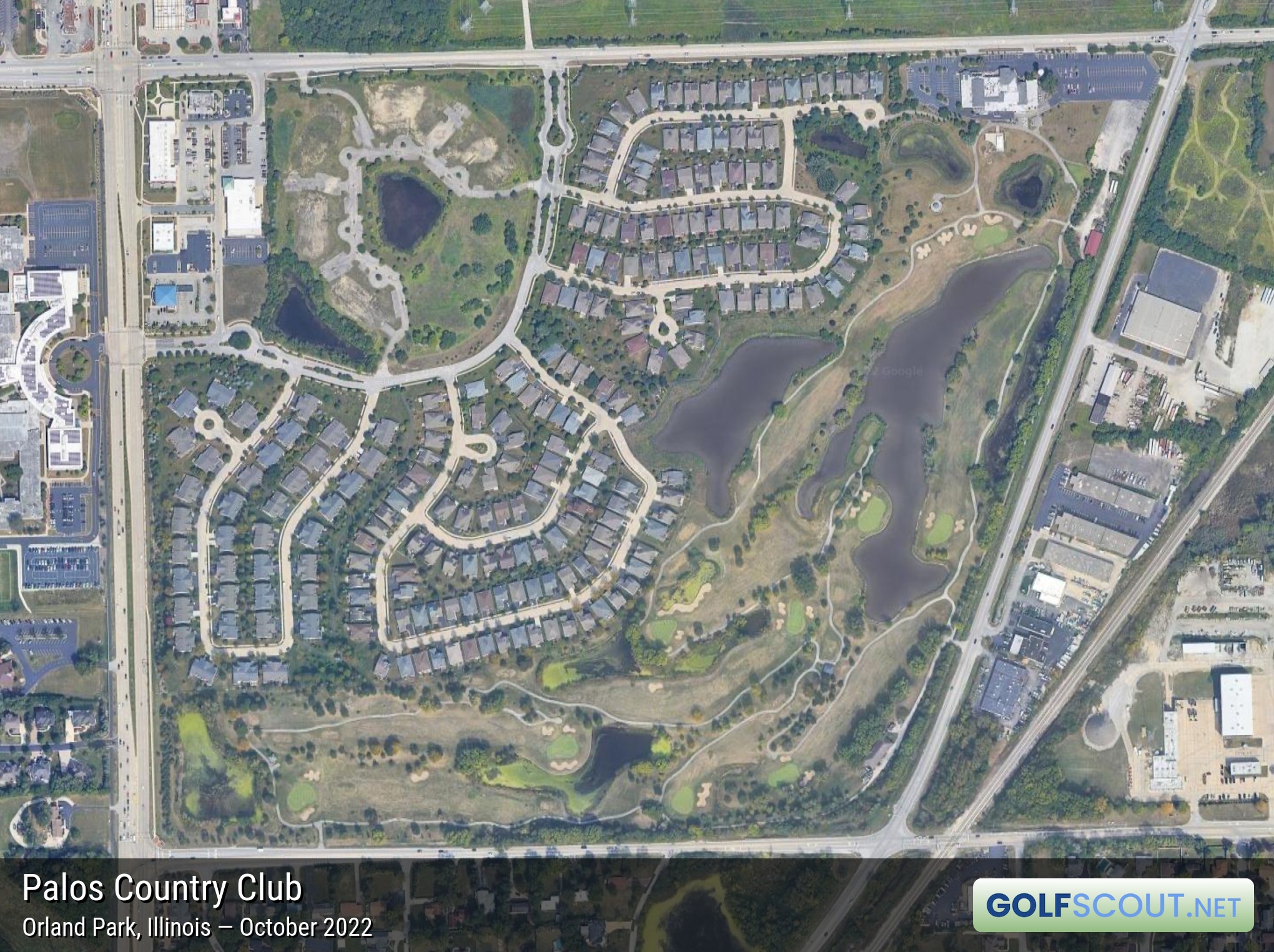 Aerial satellite imagery of Palos Country Club in Orland Park, Illinois. 