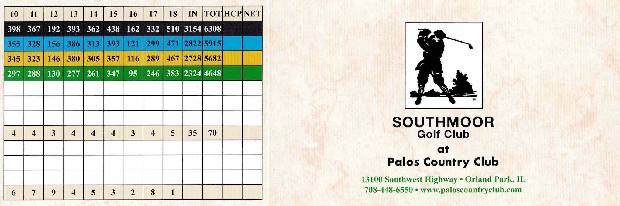 Scan of the scorecard from Palos Country Club in Orland Park, Illinois. 