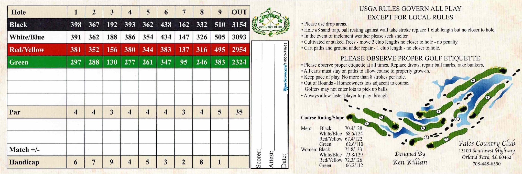 Scan of the scorecard from Palos Country Club in Orland Park, Illinois. 