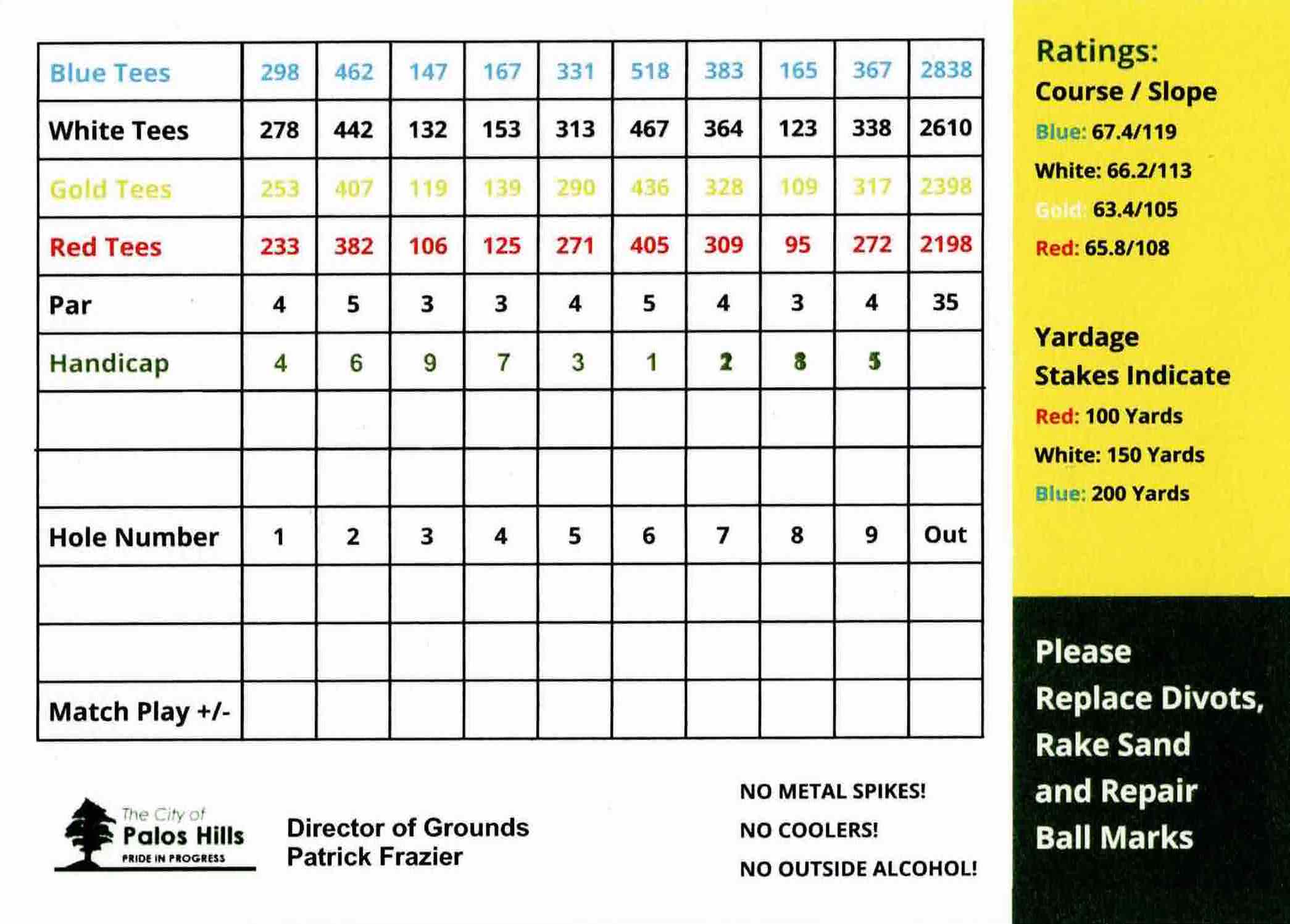 Scan of the scorecard from Palos Hills Golf Club in Palos Hills, Illinois. 