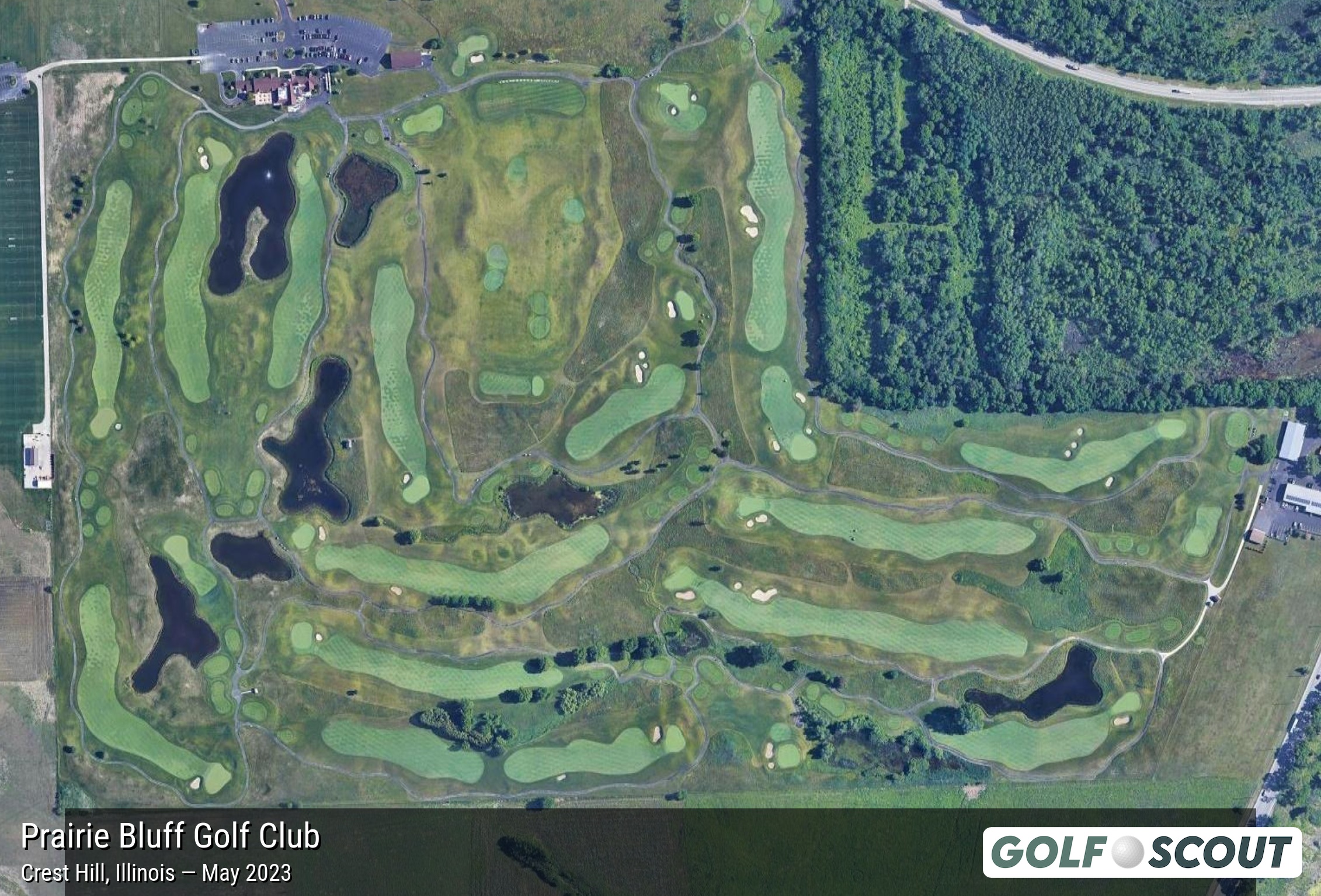 Aerial satellite imagery of Prairie Bluff Golf Club in Crest Hill, Illinois. 