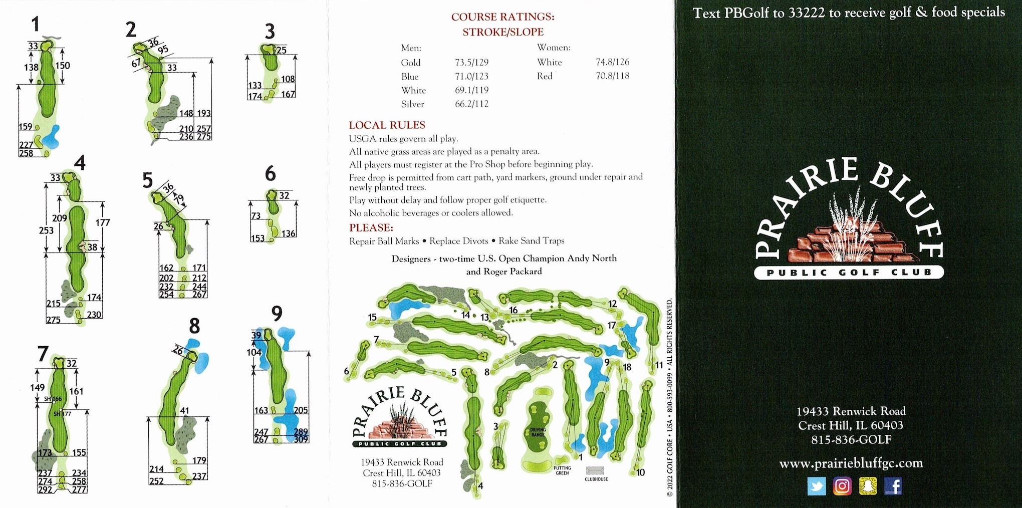 Scan of the scorecard from Prairie Bluff Golf Club in Crest Hill, Illinois. 