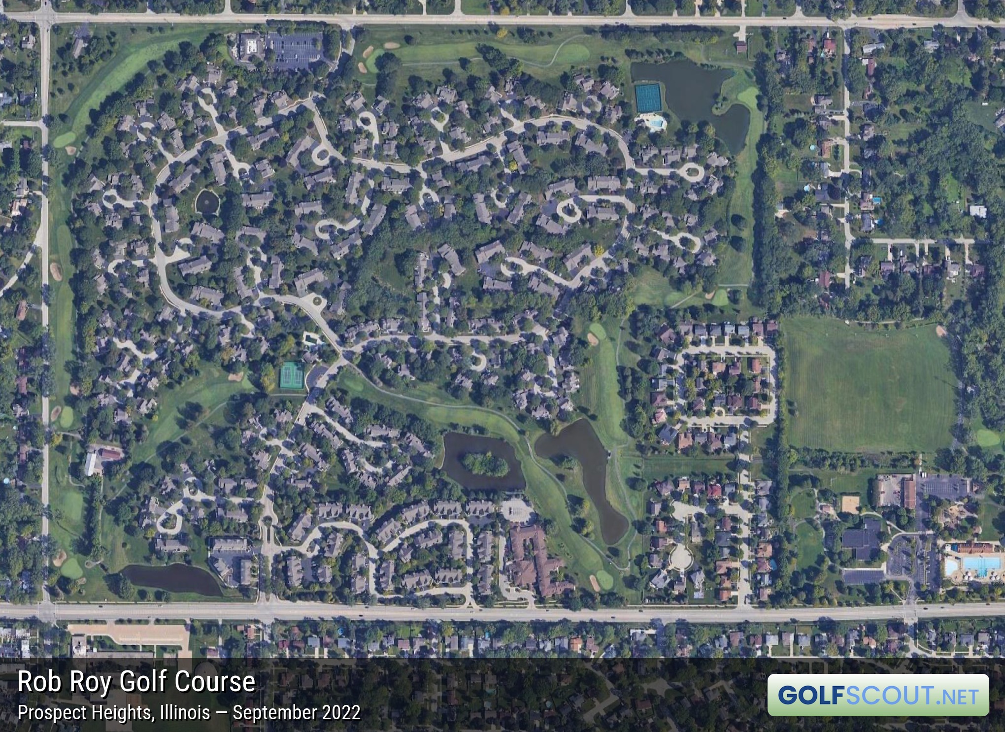 Aerial satellite imagery of Rob Roy Golf Course in Prospect Heights, Illinois. 