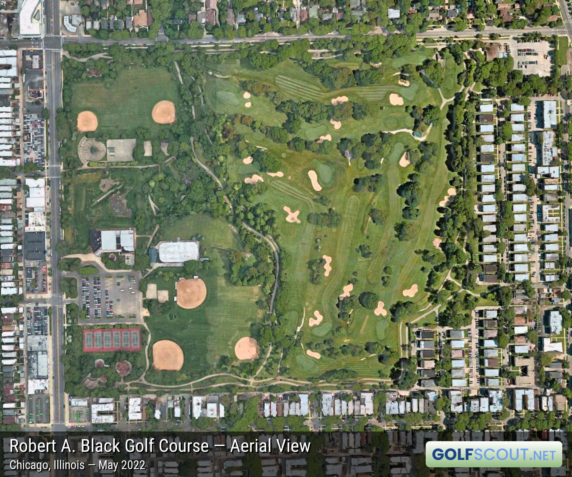 Aerial satellite imagery of Robert A. Black Golf Course in Chicago, Illinois. Apple Maps satellite image of Robert A. Black Golf Course. Image owned by Apple.