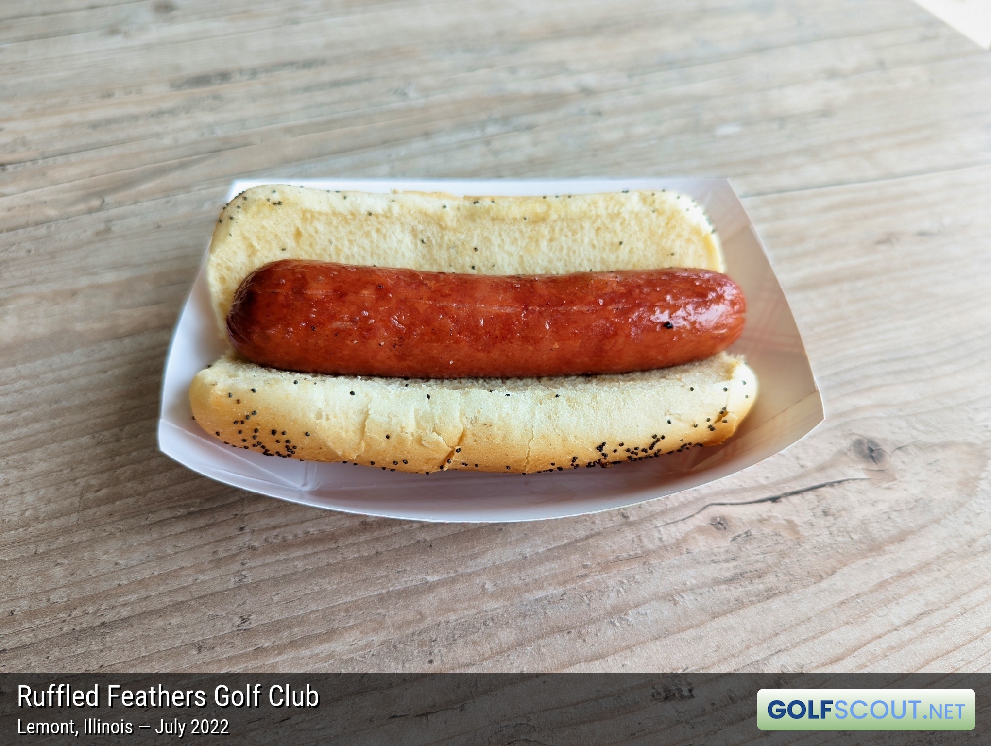 Photo of the food and dining at Ruffled Feathers Golf Club in Lemont, Illinois. Photo of the hot dog at Ruffled Feathers Golf Club in Lemont, Illinois.