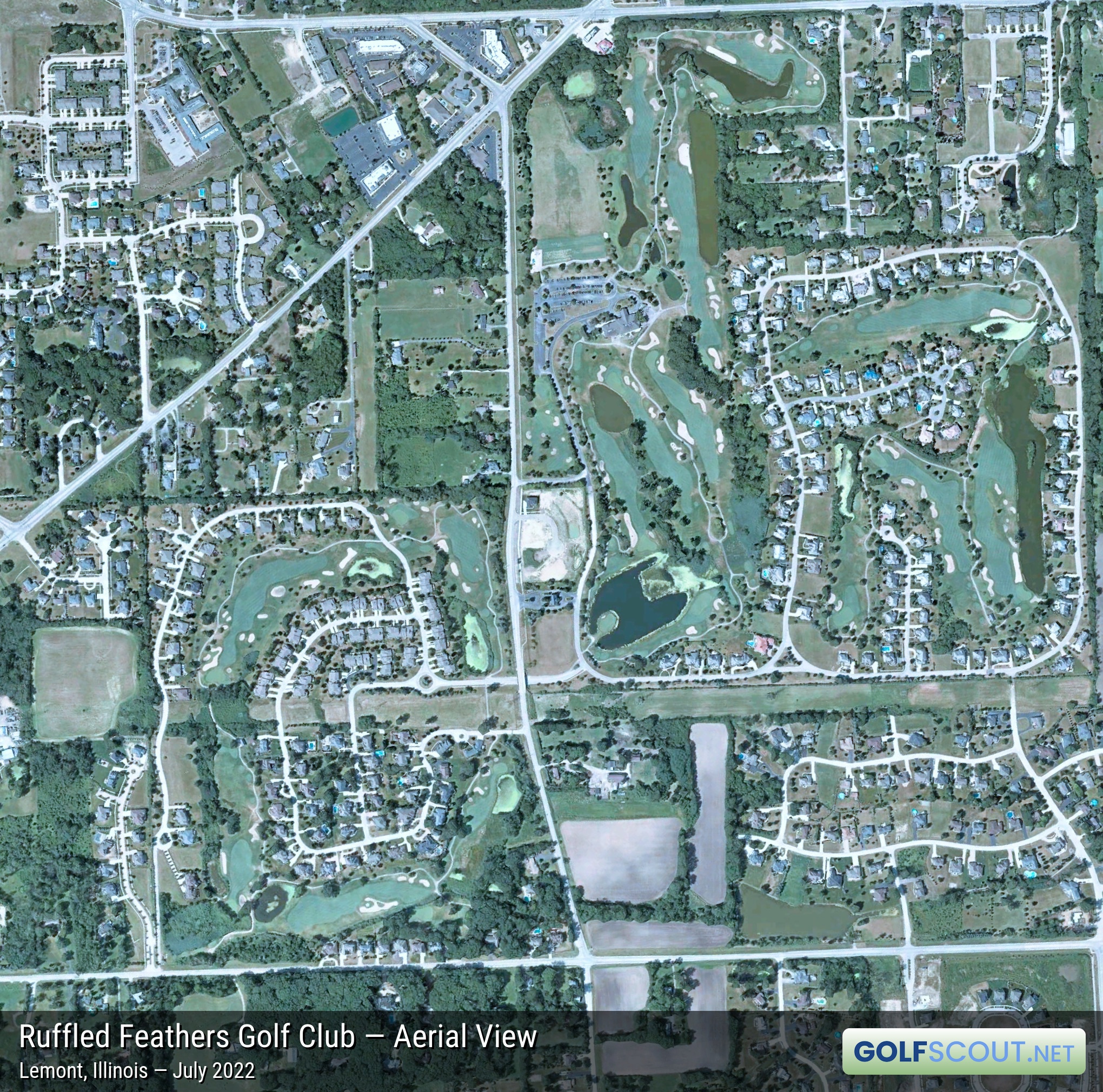 Aerial satellite imagery of Ruffled Feathers Golf Club in Lemont, Illinois. 