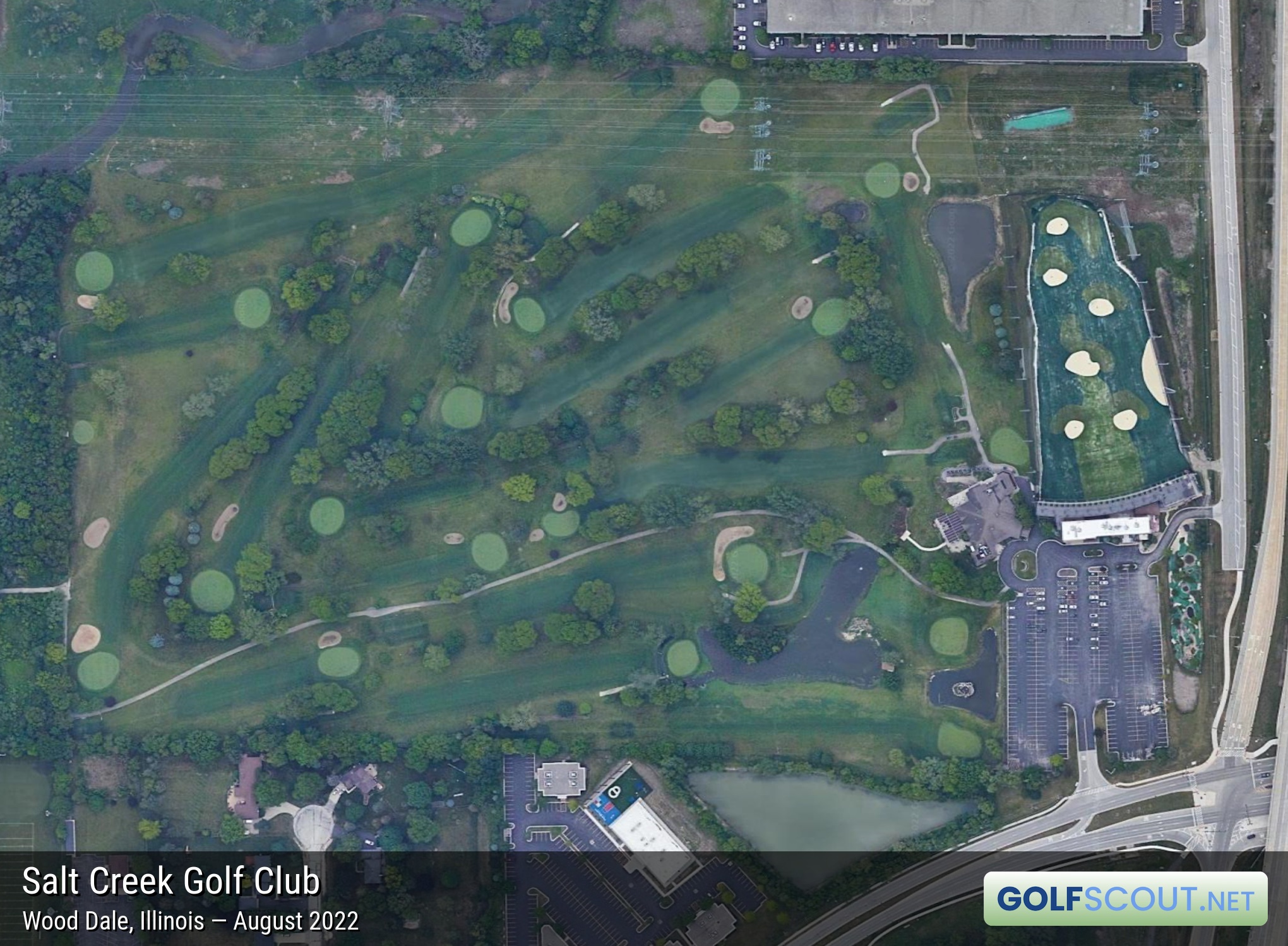 Aerial satellite imagery of Salt Creek Golf Club in Wood Dale, Illinois. 