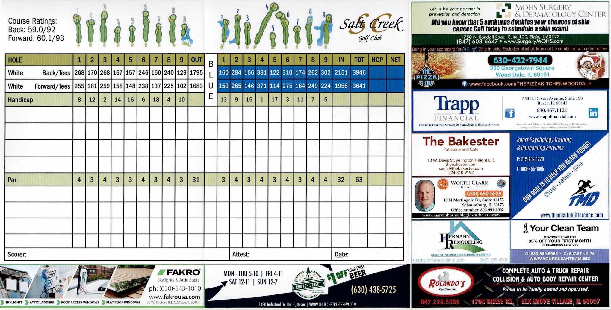 Scan of the scorecard from Salt Creek Golf Club in Wood Dale, Illinois. 
