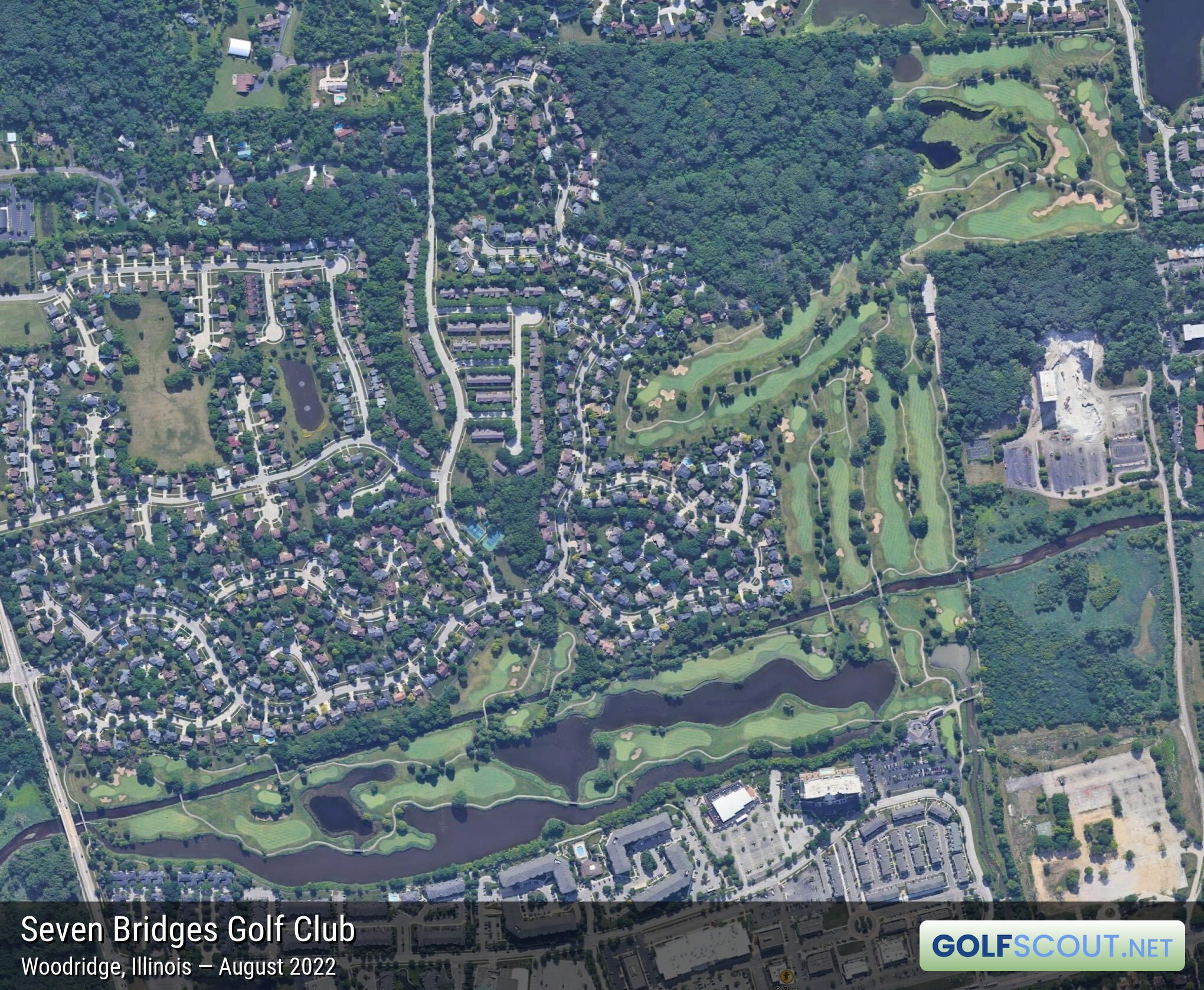 Aerial satellite imagery of Seven Bridges Golf Club in Woodridge, Illinois. 