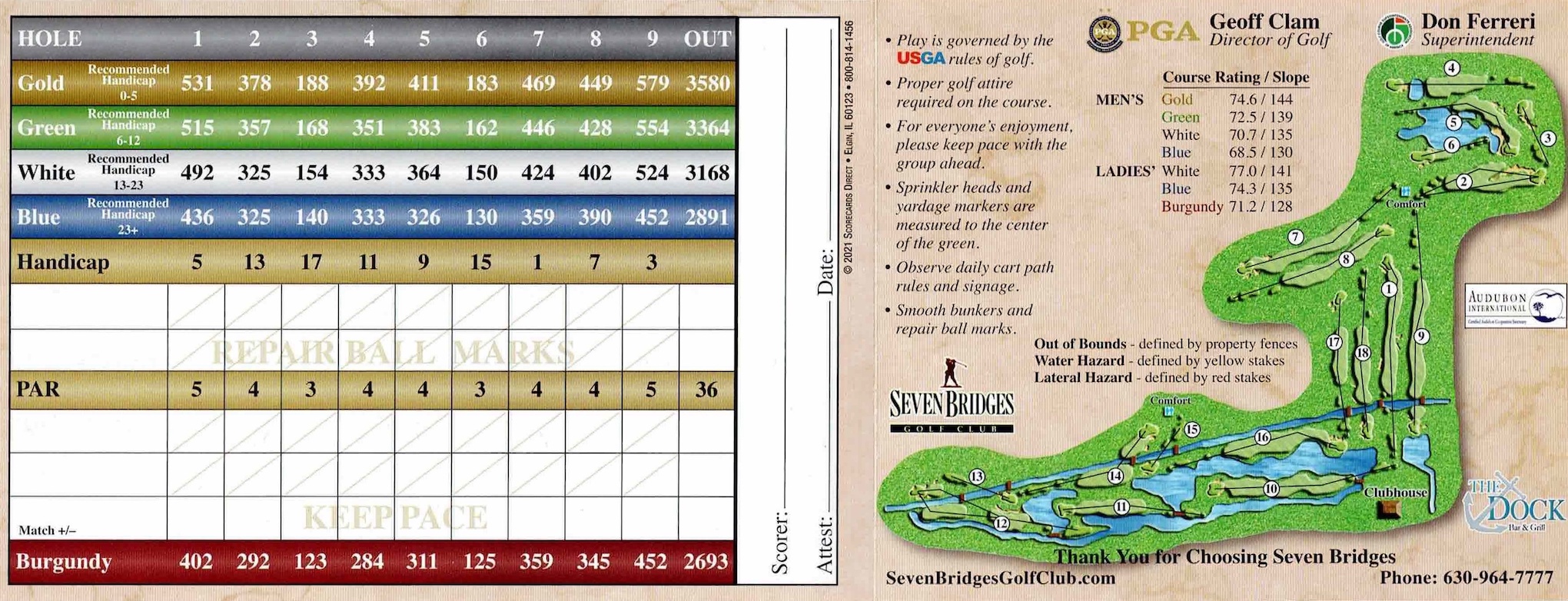 Scan of the scorecard from Seven Bridges Golf Club in Woodridge, Illinois. 