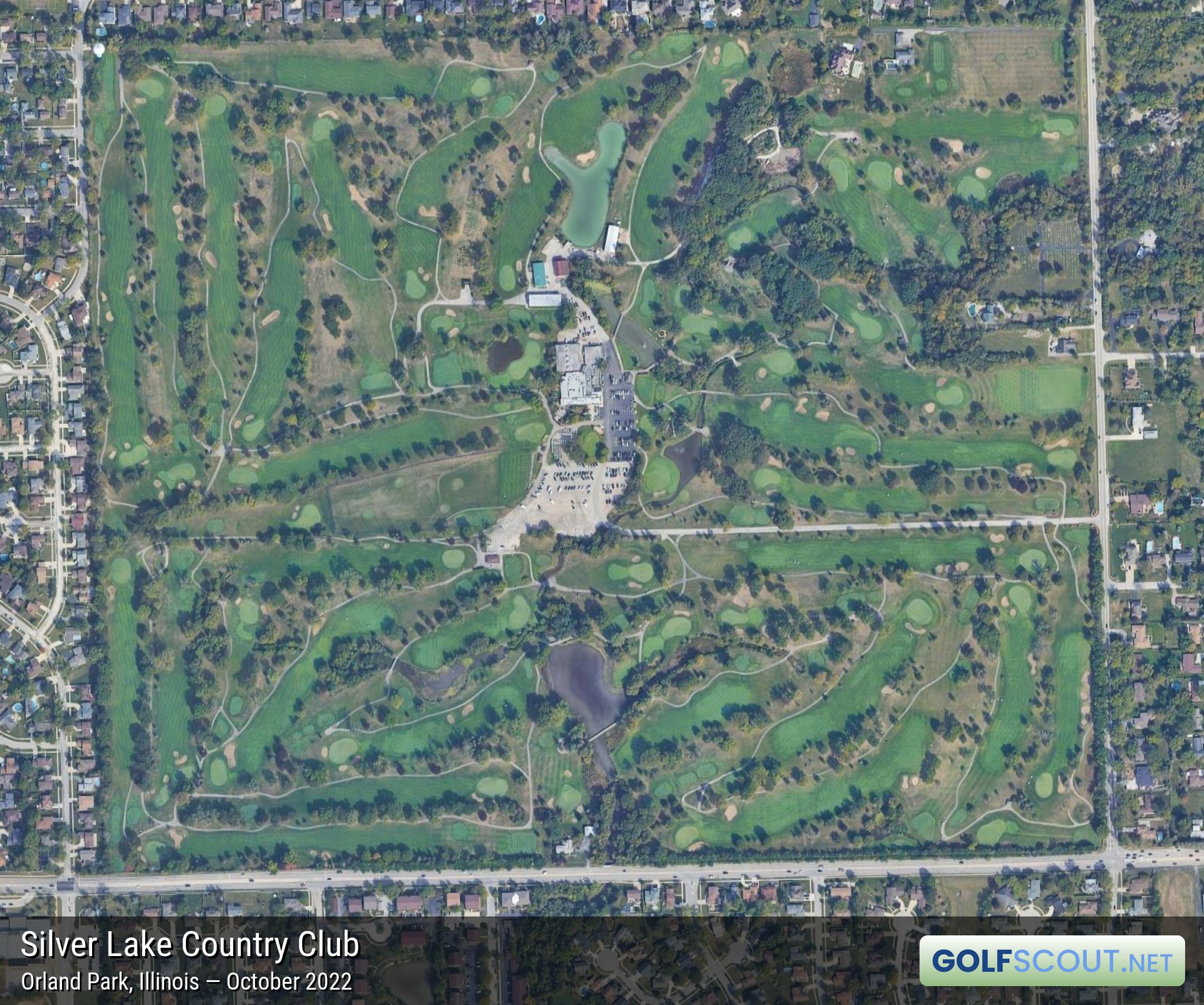 Aerial satellite imagery of Silver Lake North Course in Orland Park, Illinois. 