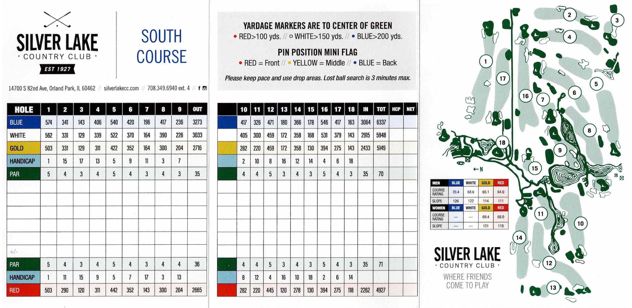 Scan of the scorecard from Silver Lake South Course in Orland Park, Illinois. 