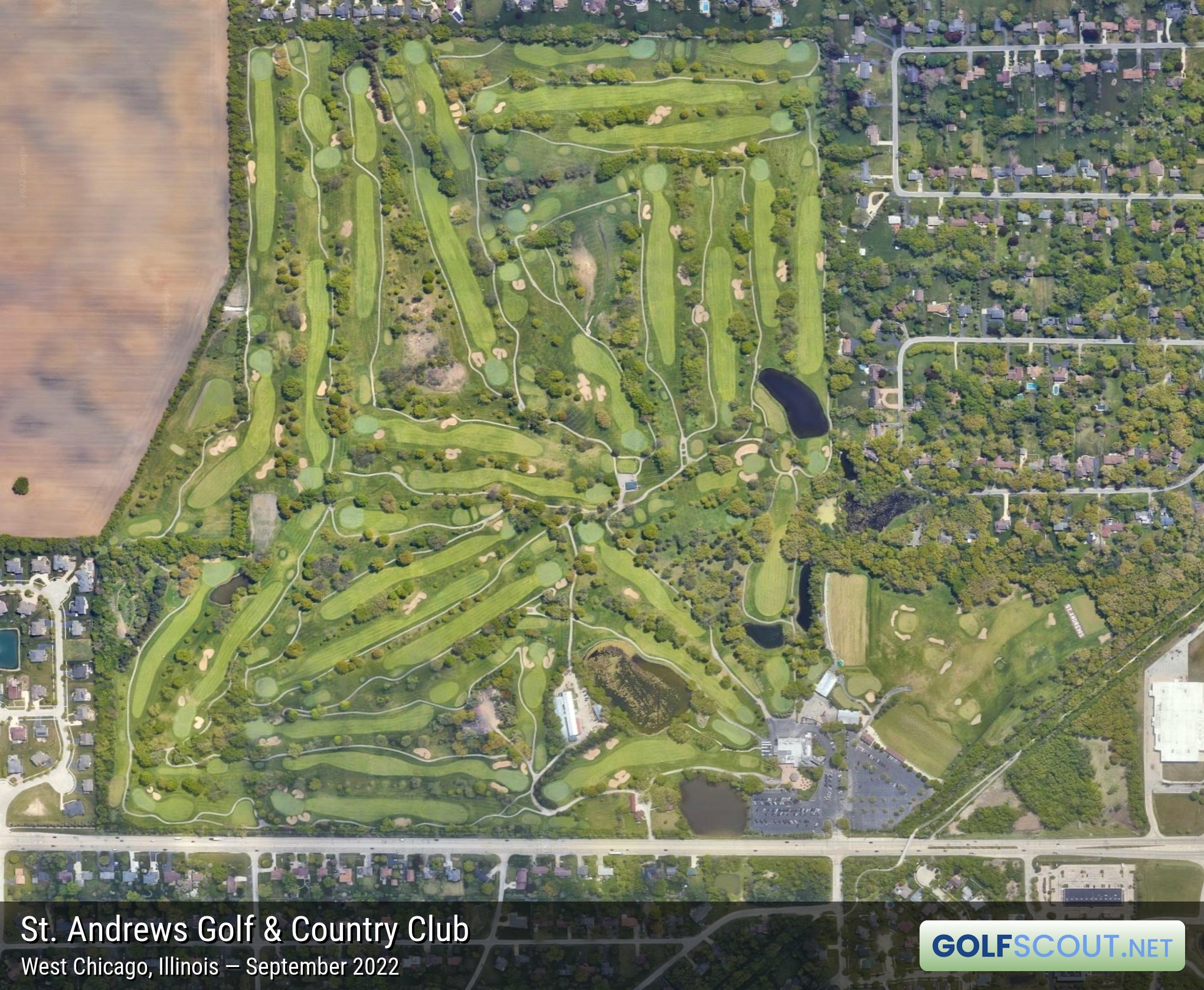 Aerial satellite imagery of St. Andrews - Joe Jemsek Course in West Chicago, Illinois. 