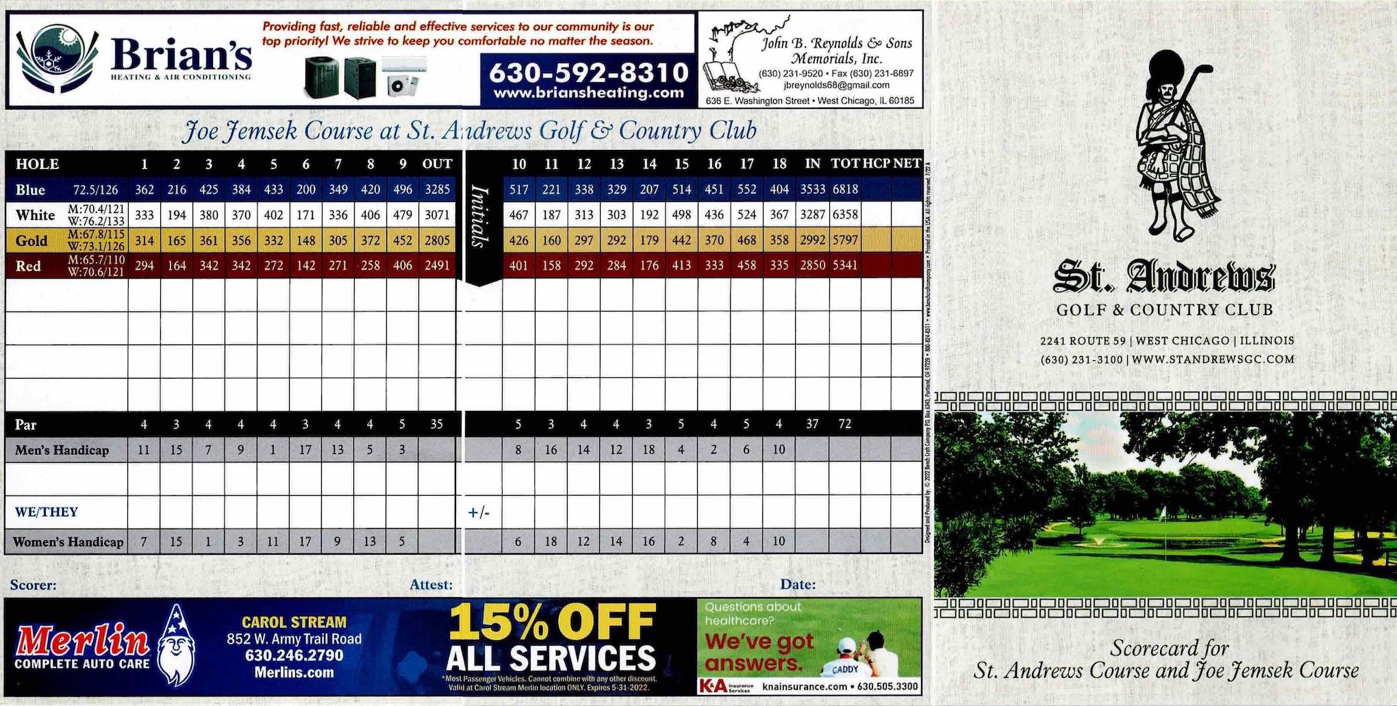 Scan of the scorecard from St. Andrews - Joe Jemsek Course in West Chicago, Illinois. 