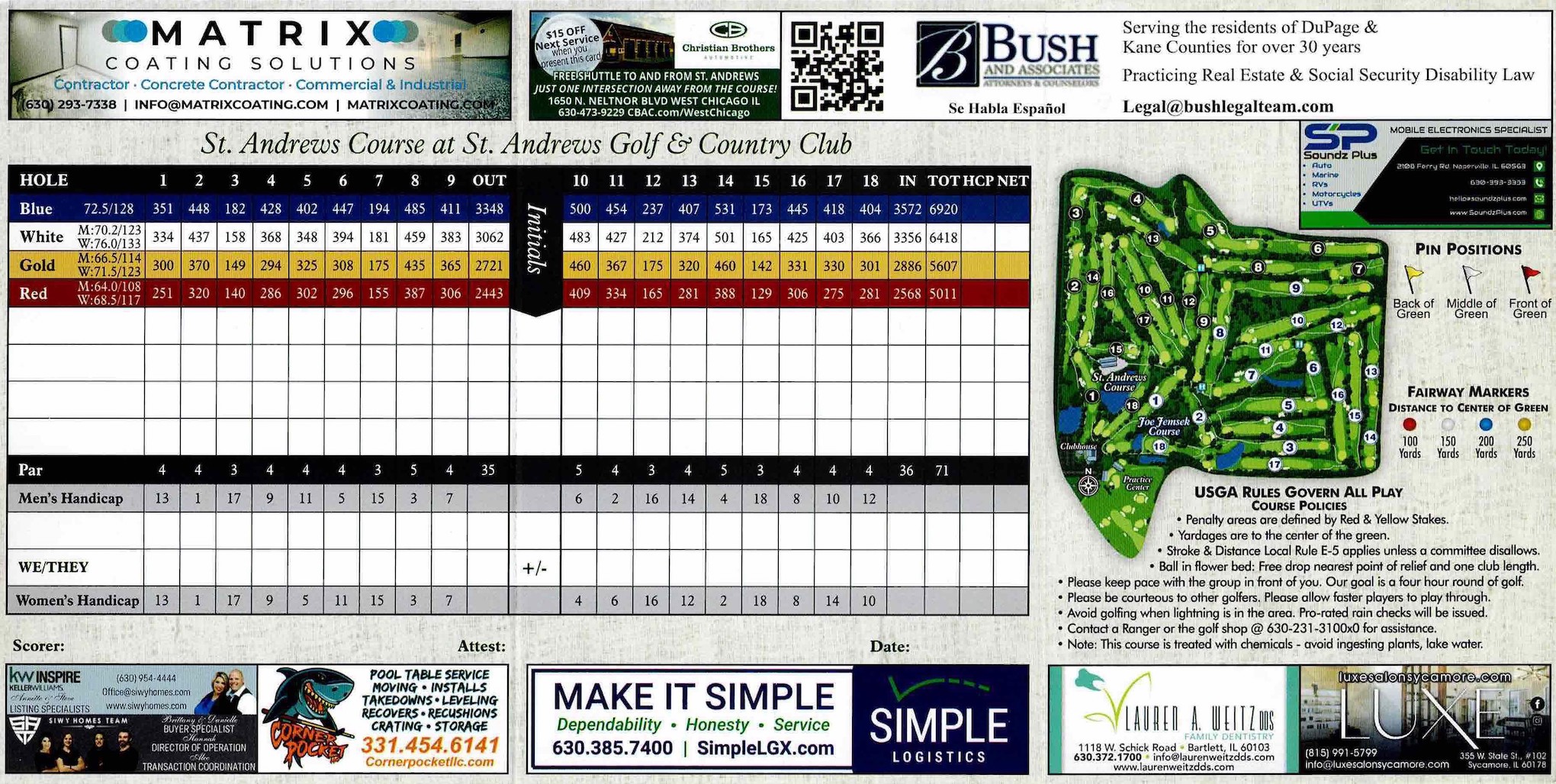 Scan of the scorecard from St. Andrews - St. Andrews Course in West Chicago, Illinois. 