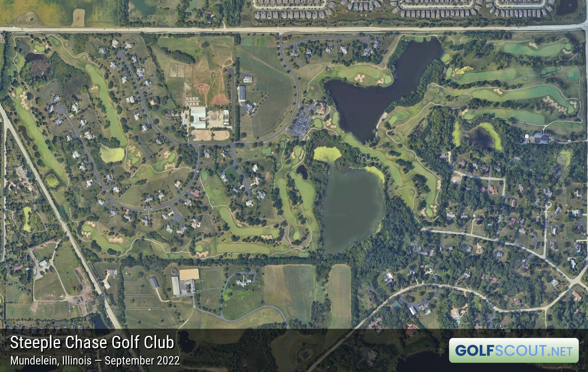 Aerial satellite imagery of Steeple Chase Golf Club in Mundelein, Illinois. 