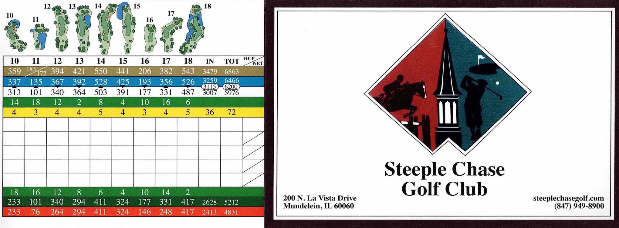 Scan of the scorecard from Steeple Chase Golf Club in Mundelein, Illinois. 