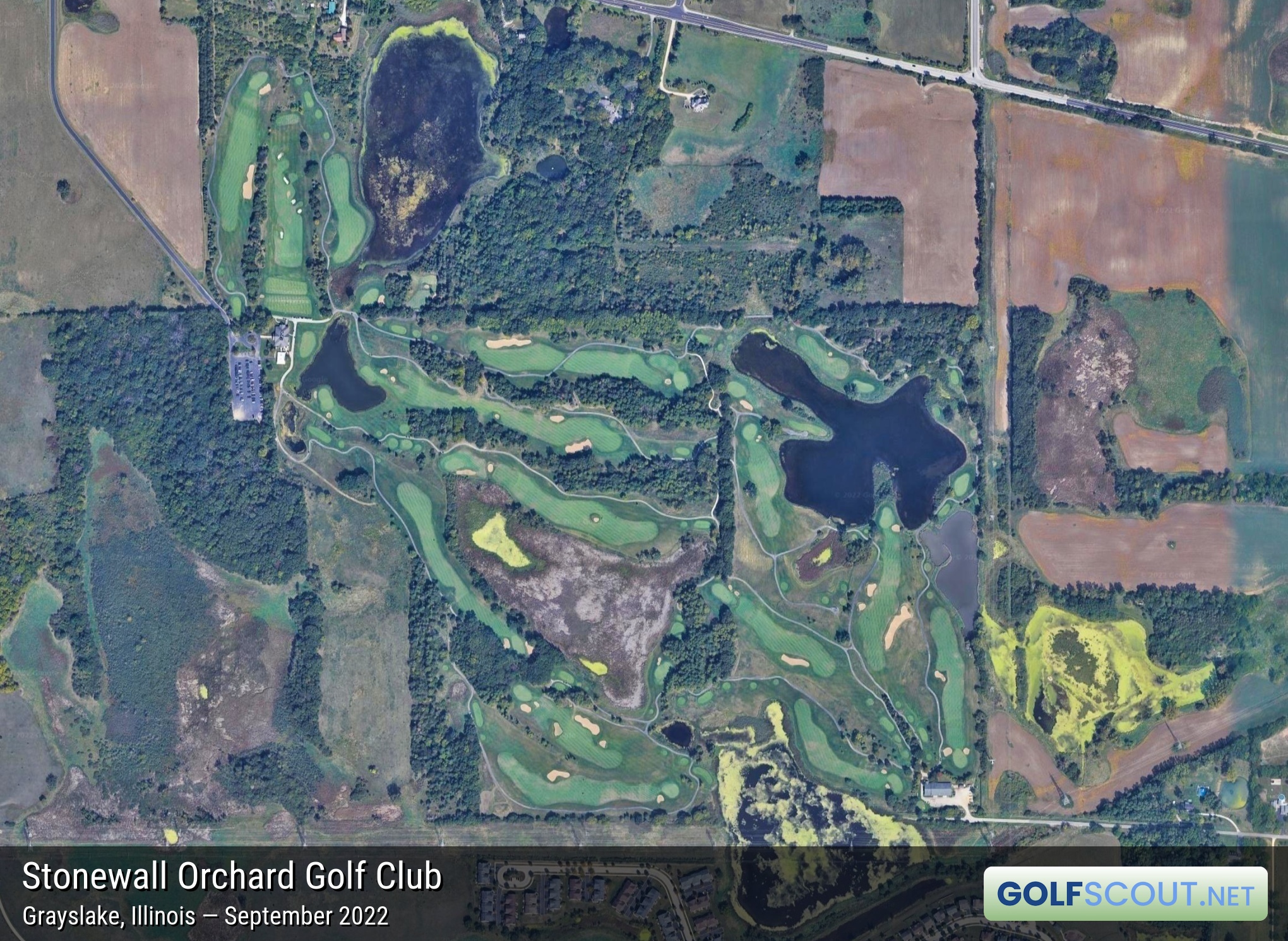 Aerial satellite imagery of Stonewall Orchard Golf Club in Grayslake, Illinois. 