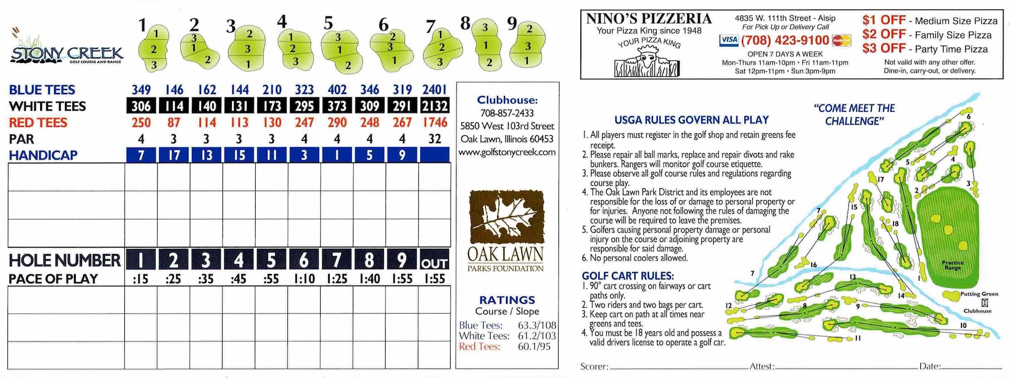 Scan of the scorecard from Stony Creek Golf Course in Oak Lawn, Illinois. 