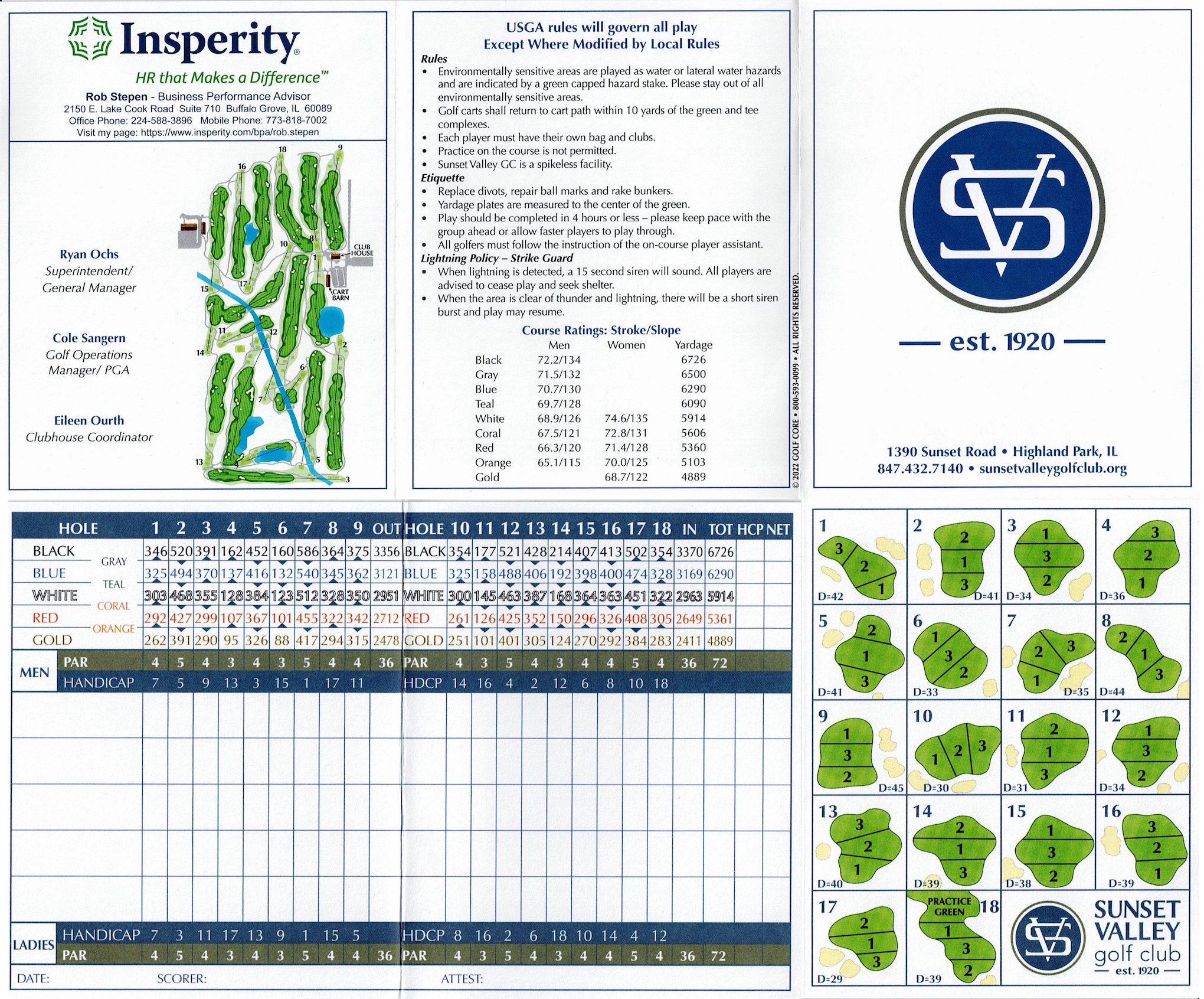 Scan of the scorecard from Sunset Valley Golf Club in Highland Park, Illinois. 