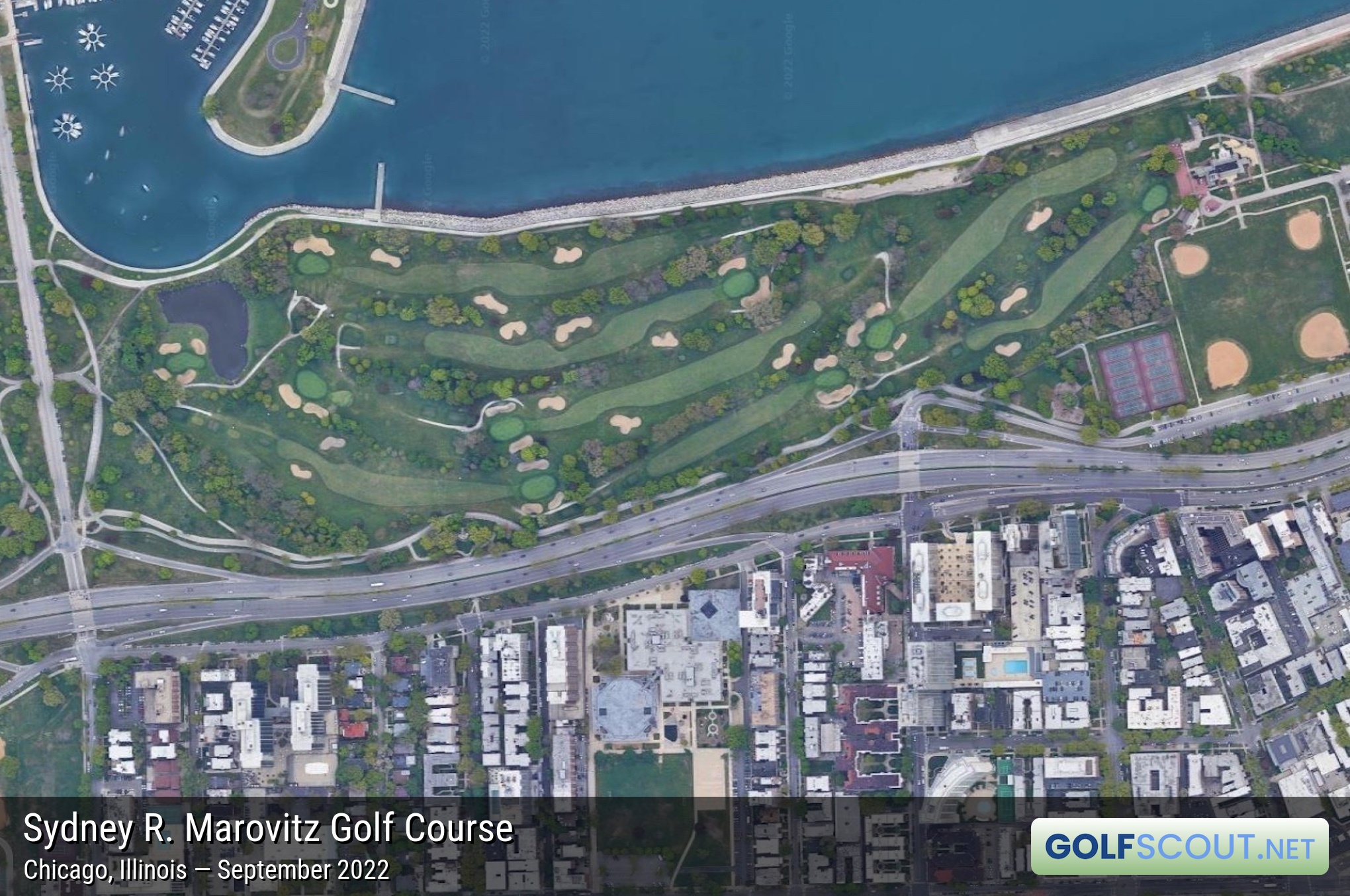 Aerial satellite imagery of Sydney R. Marovitz Golf Course in Chicago, Illinois. 