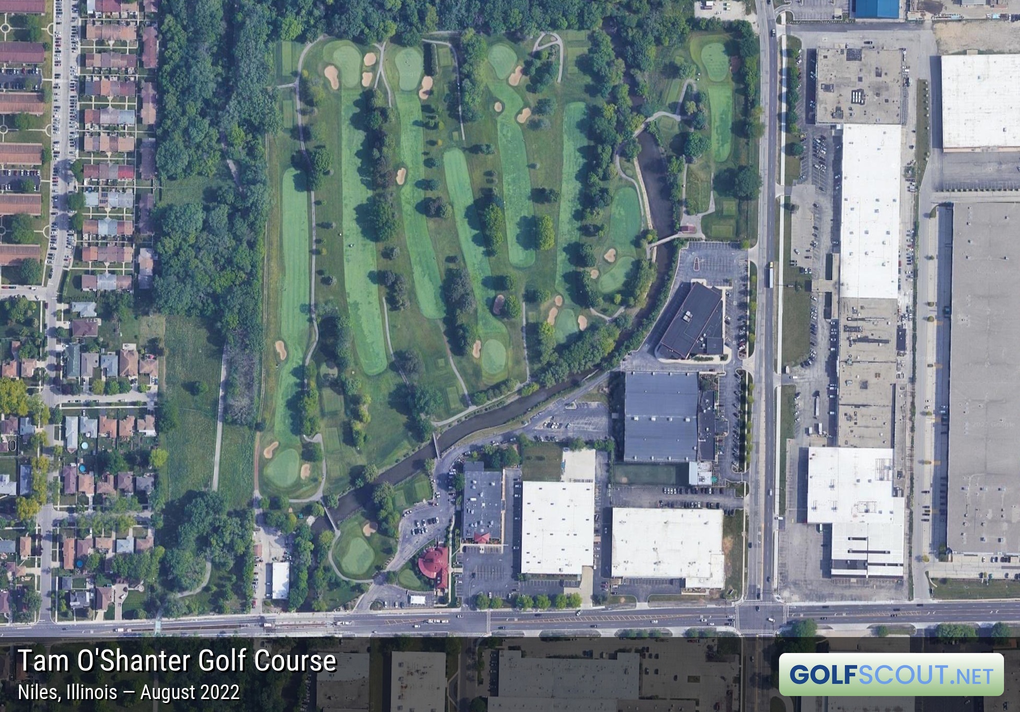 Aerial satellite imagery of Tam O'Shanter Golf Course in Niles, Illinois. 