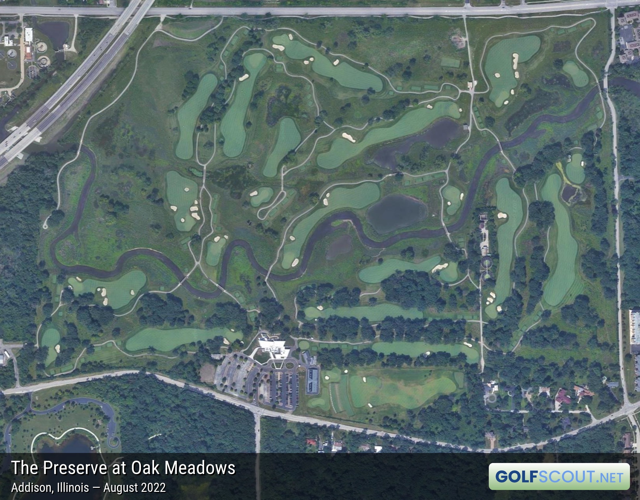 Aerial satellite imagery of The Preserve at Oak Meadows in Addison, Illinois. 