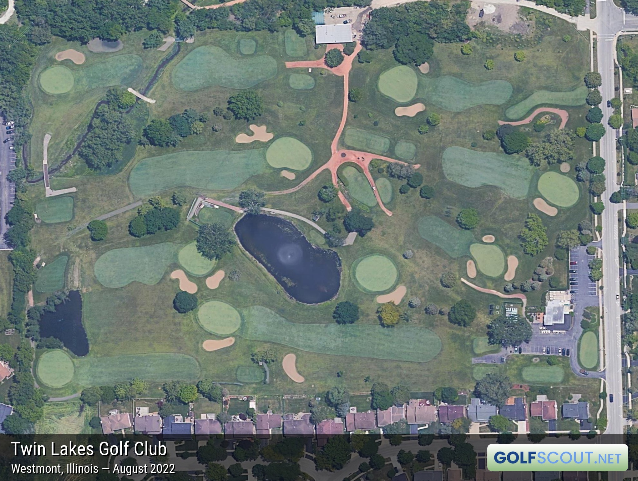 Aerial satellite imagery of Twin Lakes Golf Club in Westmont, Illinois. 