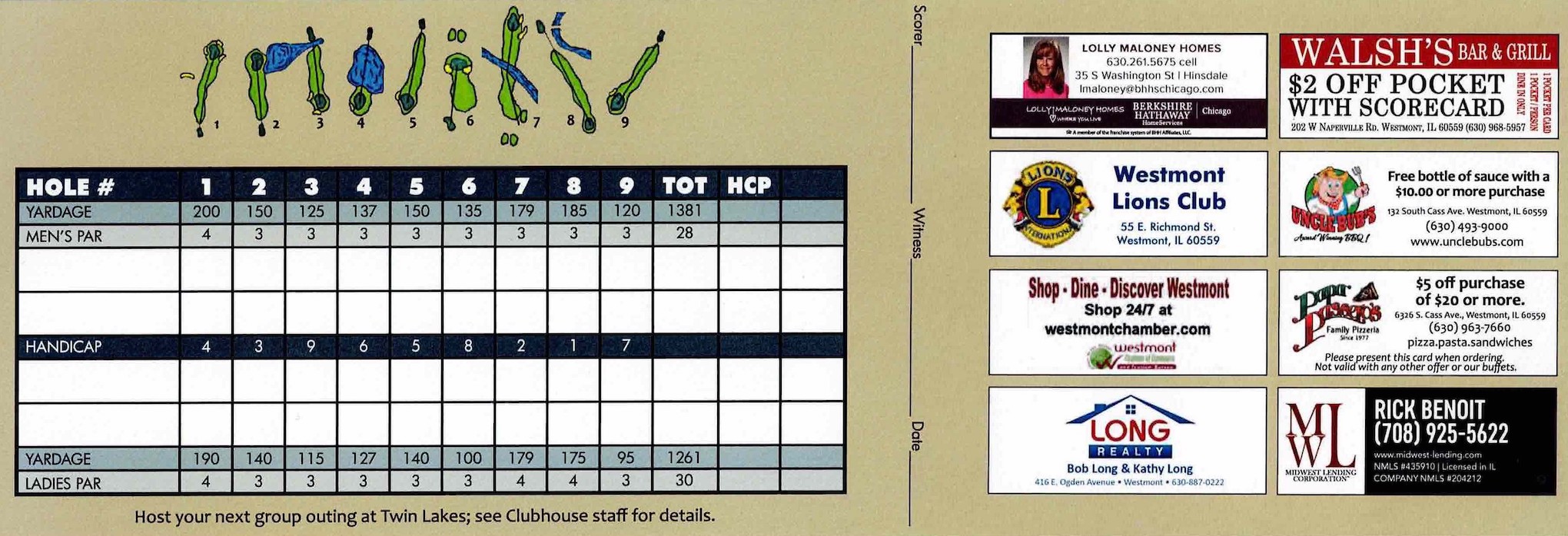 Scan of the scorecard from Twin Lakes Golf Club in Westmont, Illinois. 
