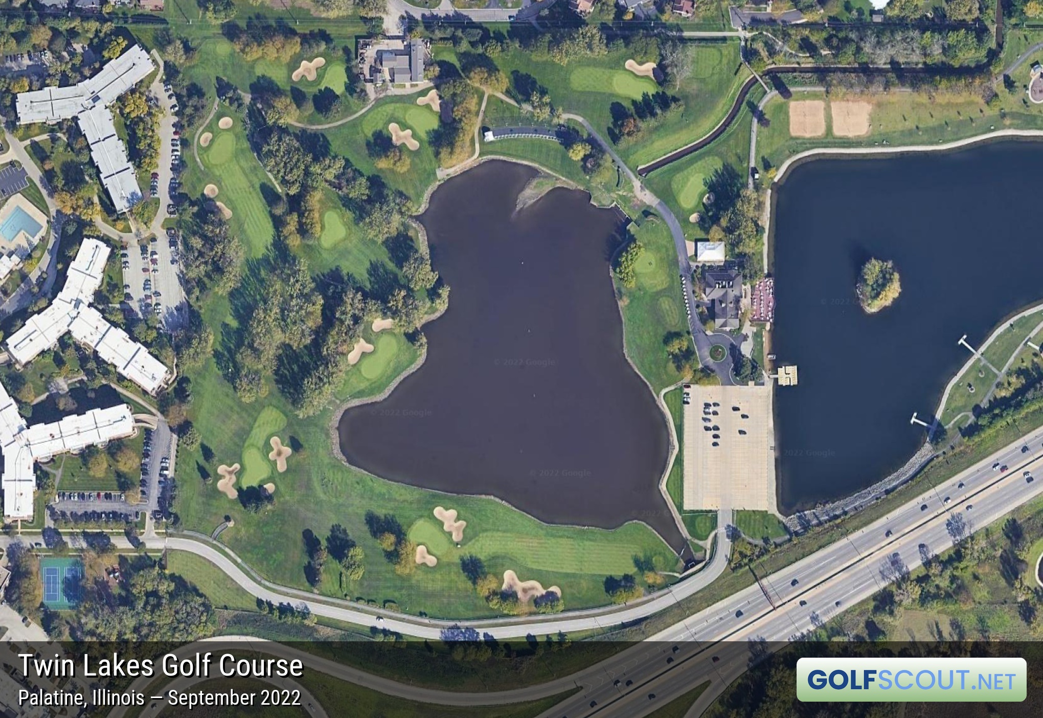 Aerial satellite imagery of Twin Lakes Golf Course in Palatine, Illinois. 
