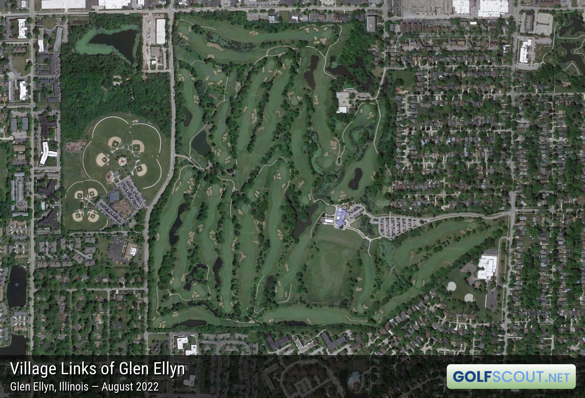 Aerial satellite imagery of Village Links of Glen Ellyn - 18 Hole Course in Glen Ellyn, Illinois. 
