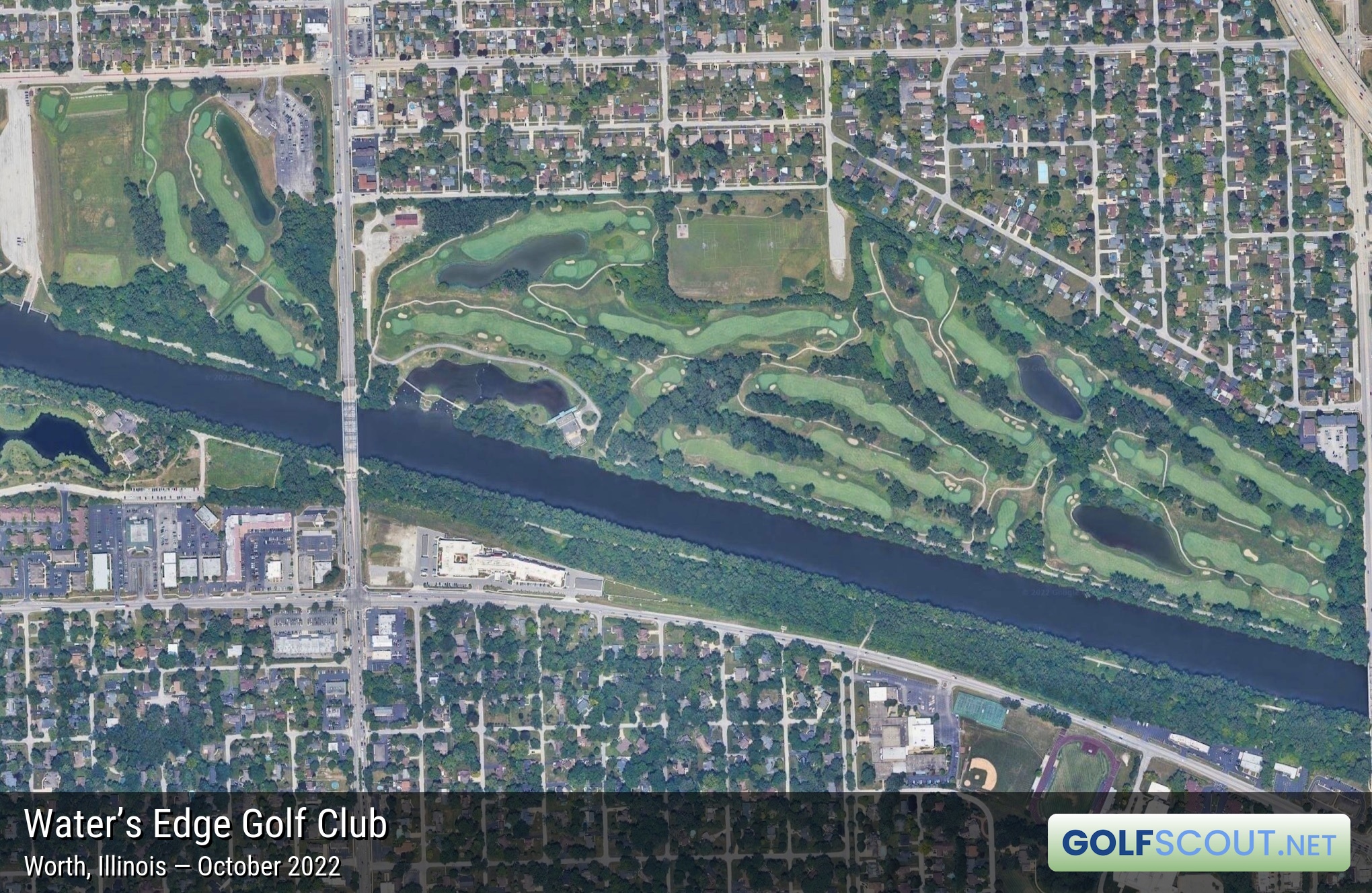 Aerial satellite imagery of Water’s Edge Golf Club in Worth, Illinois. 