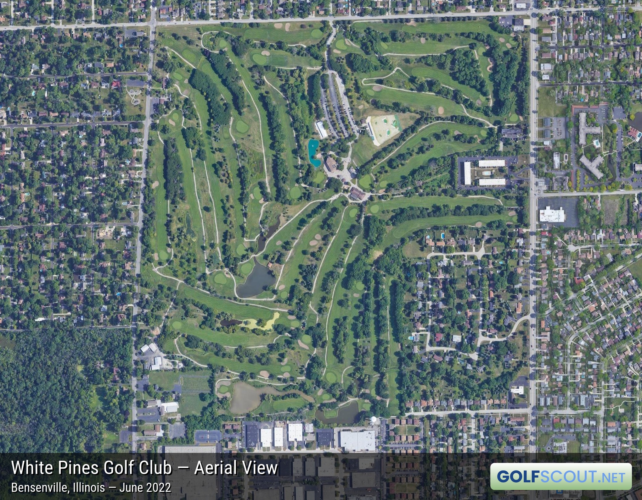 Aerial satellite imagery of White Pines West Course in Bensenville, Illinois. 