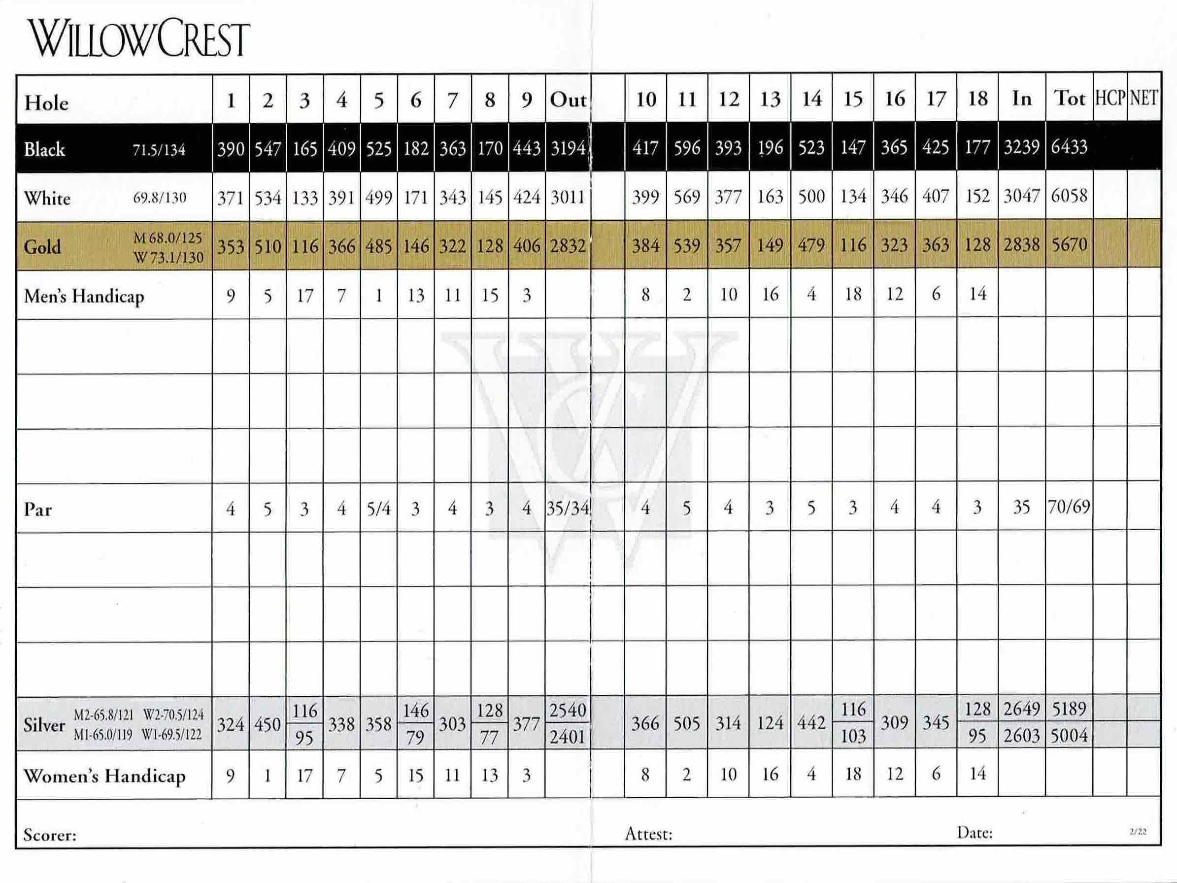 Scan of the scorecard from Willow Crest Golf Club in Oak Brook, Illinois. 