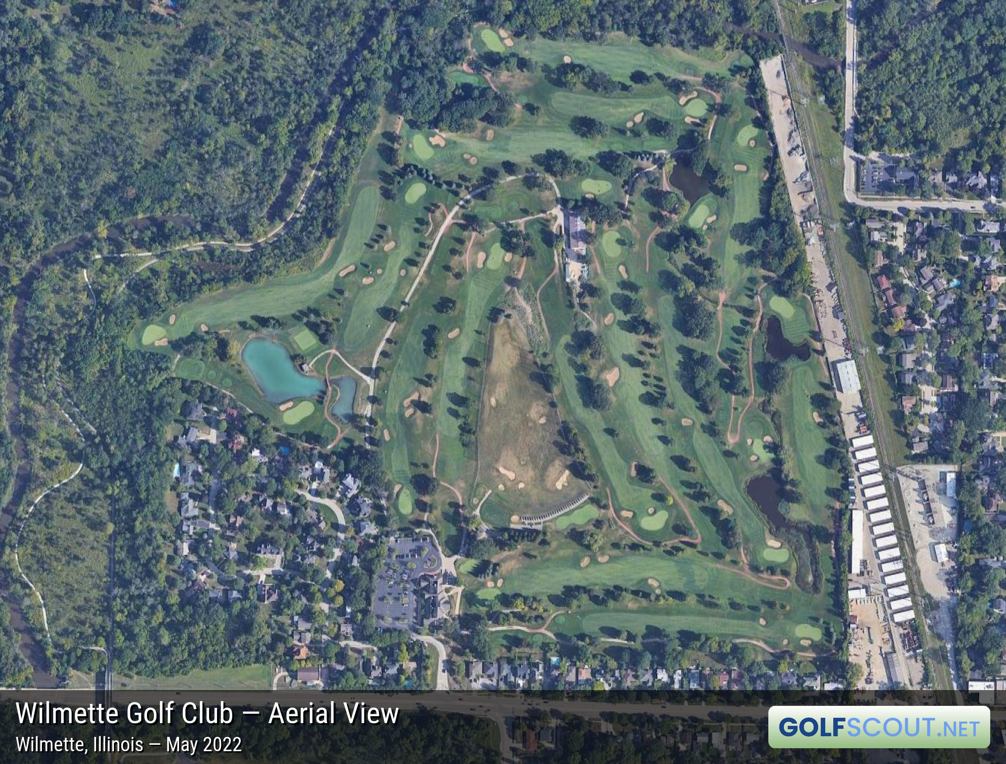 Aerial satellite imagery of Wilmette Golf Club in Wilmette, Illinois. Google Maps satellite image of Wilmette Golf Club. Image owned by Google.